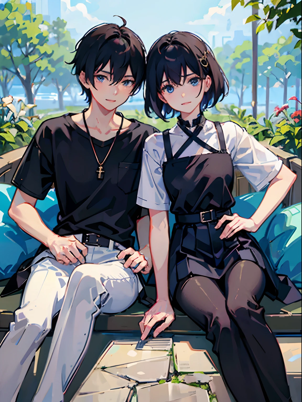 2 boys，By bangs，berries，Black hair，Black shirt，eBlue eyes，Hair between both eyes，jewely，leafs，looking at viewert，malefocus，choker necklace，trouser，The shirt，独奏，Wrist watch，White pants，Wrist watch，Messy hair, Trends on ArtStation, 8K分辨率, The is very detailed, anatomically correcte, Sharp Images, digitial painting, concept-art, Popular trends on pixiv, Makoto Shinkai's style,