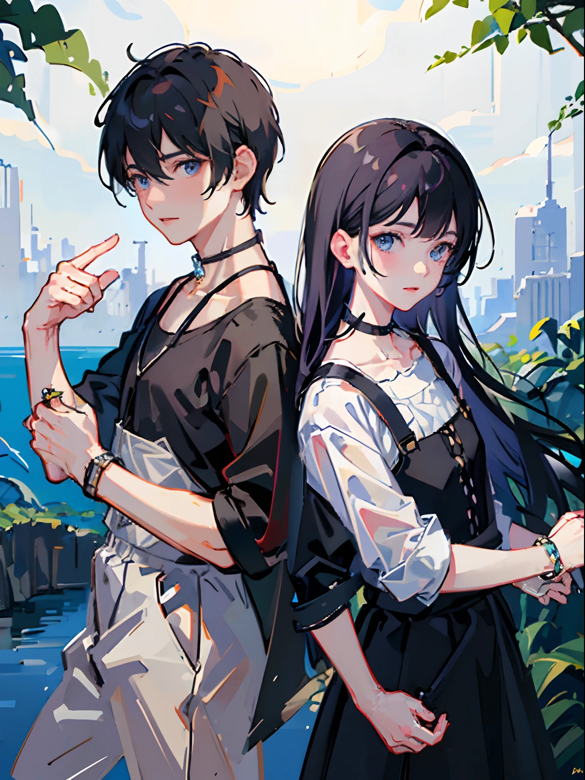 2 boys，By bangs，berries，Black hair，Black shirt，eBlue eyes，Hair between both eyes，jewely，leafs，looking at viewert，malefocus，choker necklace，trouser，The shirt，独奏，Wrist watch，White pants，Wrist watch，Messy hair, Trends on ArtStation, 8K分辨率, The is very detailed, anatomically correcte, Sharp Images, digitial painting, concept-art, Popular trends on pixiv, Makoto Shinkai's style,