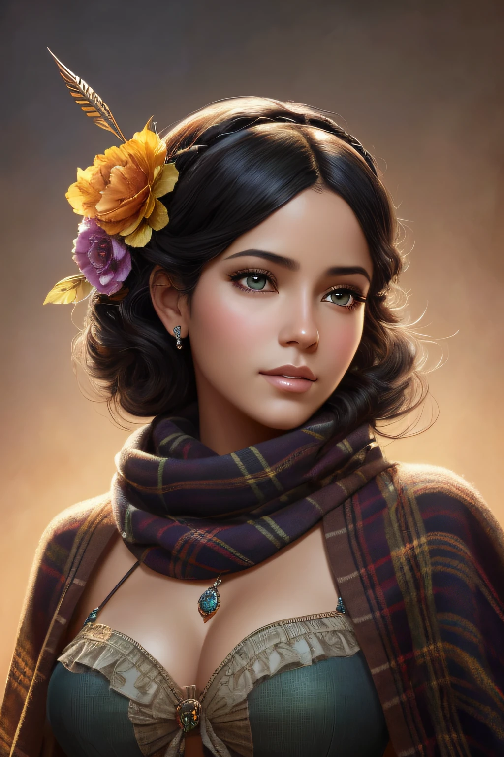 ultra realistic 8k cg, (ultra detailed background, delicate pattern, intricate detail, highly detailed, fine details), best quality, (photorealistic:1.4),beautiful lighting, absurdres, RAW photo, film grain, ((medium breasts, slim girl, close-up, portrait)), NicoRobin, 1girl, solo, black hair, long hair, jewelry, (earrings, blue eyes), ((slim girl, medium breasts)), cleavage, smile, dress, cape, epaulettes, navel, midriff, blush, collarbone, (complex detailed background, blue sky, nature environment, close-up, portrait), boa hancock