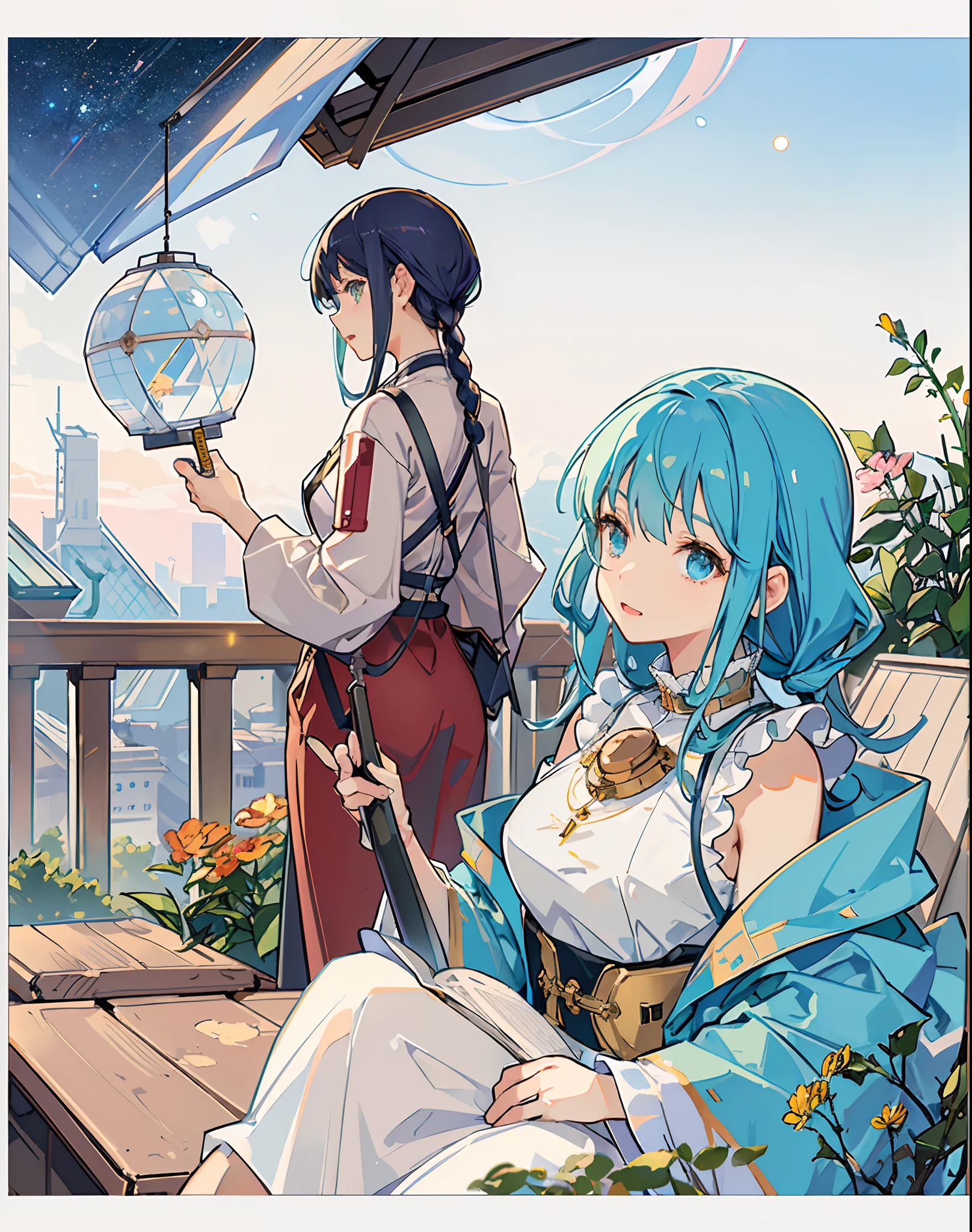 best quality, masterpiece, extremely detailed, detailed background, anime, 1girl, young girl, short girl, sci-fi, science fiction, outdoors, night, starry sky, greenhouse, megastructure, bio-dome, landscape, scenery, horizon, rooftop, sitting on rooftop, wind, looking away, atmospheric lighting, solo focus, close up, from side, depth of field, bokeh