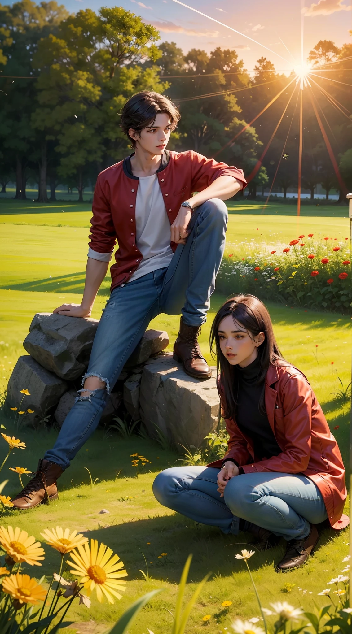 A man and a woman are sitting in a meadow of red flowers, sun sunset, Irish Man, Campo florescente, Dandelion floating in the wind, estilo romance adolescente, homem e mulher, flores vermelhas, homem de jaqueta de couro e causa jeans, Flying dandelion