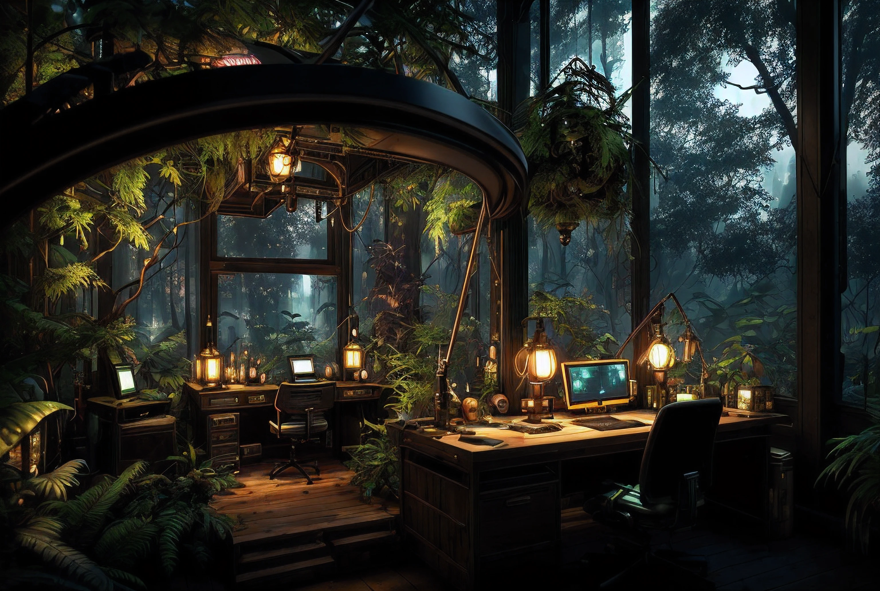 there is a desk with a computer and a lamp in the dark, large windows to forest at night, steampunk forest, cyberpunk tree house, magical environment, steampunk forest background, lush foliage cyberpunk, 3 d render beeple, cyberpunk setting, theophanic atmospheric vivarium, fantasy alchemist laboratory, beeple and mike winkelmann, japanese glass house