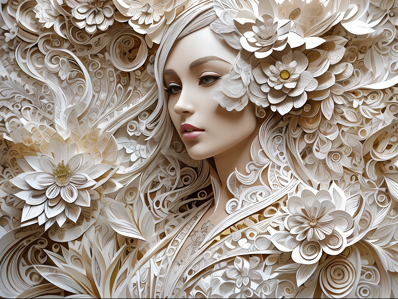 （（（arte em papel cortado，Flat paper cutout。）））There is a picture of a woman in a paper wedding dress, paper modeling art, paper art, made of paper, karol bak uhd, layered paper art, detailed dress and face, Goddess. Extremely high detail, Very detailed woman, detailed woman, Intricate fantasy of reality, fantasy. Intricate, Intricate beauty, Obras de arte intrincadas, intricate portrait