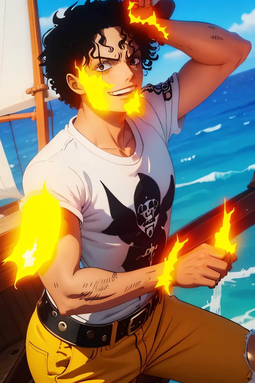 1boy, happy, black short curly hair like michael jackson, flame power, white shirt with no symbols,, black boots, one piece style, has a cool crew, good looking guy, beautiful eyes and face, on a ship, sea background