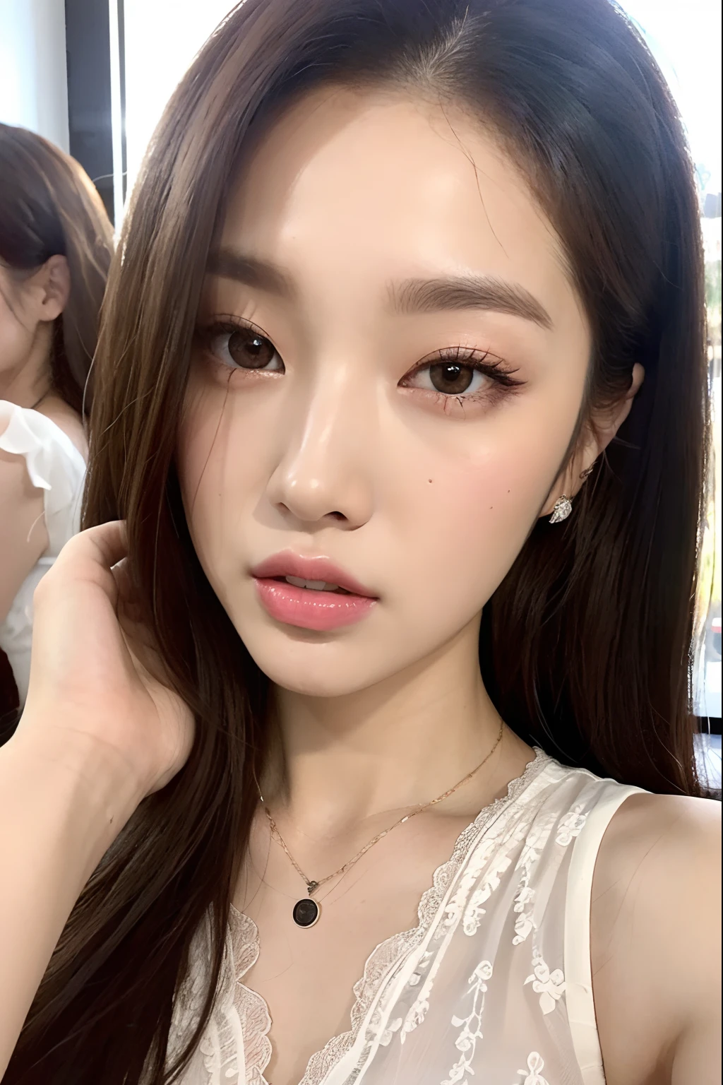 Un primer plano de una mujer con cabello largo con un top rosa, ulzzang, Hermosa joven coreana, maquillaje popular de Corea del Sur, maquillaje coreano popular, Sakimichan, Jinyoung Shin, pale milky white porcelain skin, Heonhwa Choe, Jaeyeon Nam, Chica coreana, Hermosa joven coreana, Hermosa mujer surcoreana, pale porcelain white skin