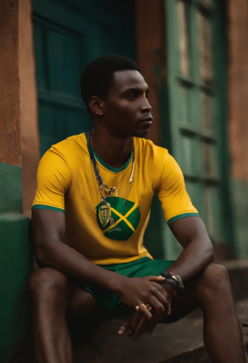 um de cinco anos, black man with the Brazil shirt sitting with his legs entwined and with his hand on a jaguar