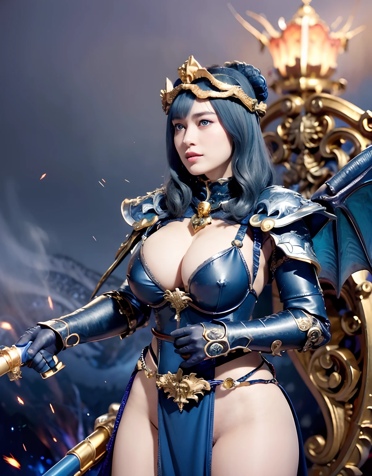 Professional , ​masterpiece、top-quality、photos realistic  、（Dragon Black Metal Body:1.９),(Matte Blue Silver、(Night World)、（cleavage of the breast）、Dragon Gold Weapon、（Micro Bikini Armor:1.４),Mystical expression、Gorgeous gold weapons ,（Fight dragons）、Seductive look、（（ Dragon's dense and gorgeous sword）） , （demonic wings）   ,Detail and gorgeous crown、（（a blond））、（Castle background）、（（Gangle's forest background））、Beautiful Caucasian beauty、１a person、dynamic ungle,(((Detailed and ornate dragon helmet)))、Smaller head、A smile、Castle background、Thin and beautiful female hands、cleavage of the breast、Soldier in iron armor on background、Mystical expression、Light Effects、intense fighting、Wind-effect、magic circles、With the legendary magic wand、Dragon's tail、fight、