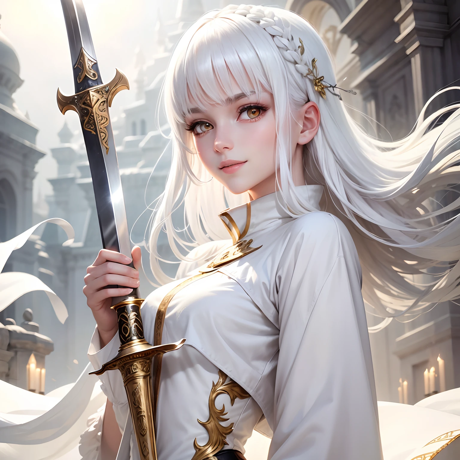a close up of a woman with a sword in a white dress, a character portrait by Yang J, trending on cgsociety, fantasy art, beautiful character painting, artwork in the style of guweiz, guweiz, white hanfu, flowing white robes, full body wuxia, epic exquisite character art, stunning character art, beautiful female assassin