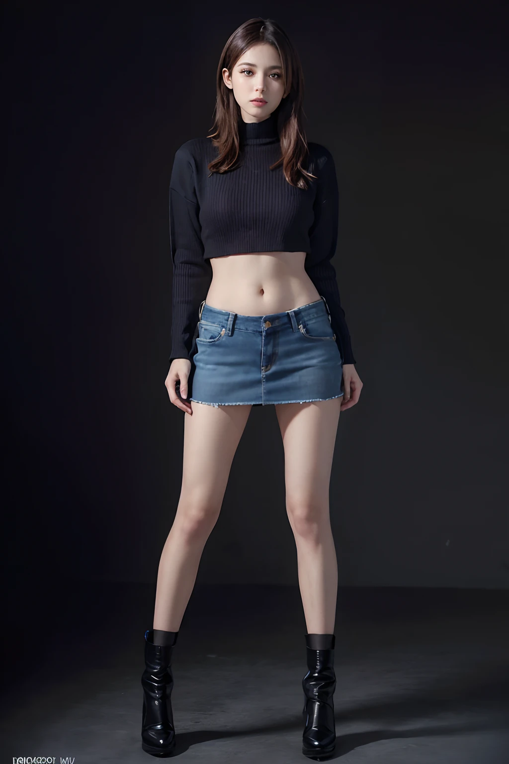Mid Riff Body A woman in a black top and blue denim skirt posing for a picture ...