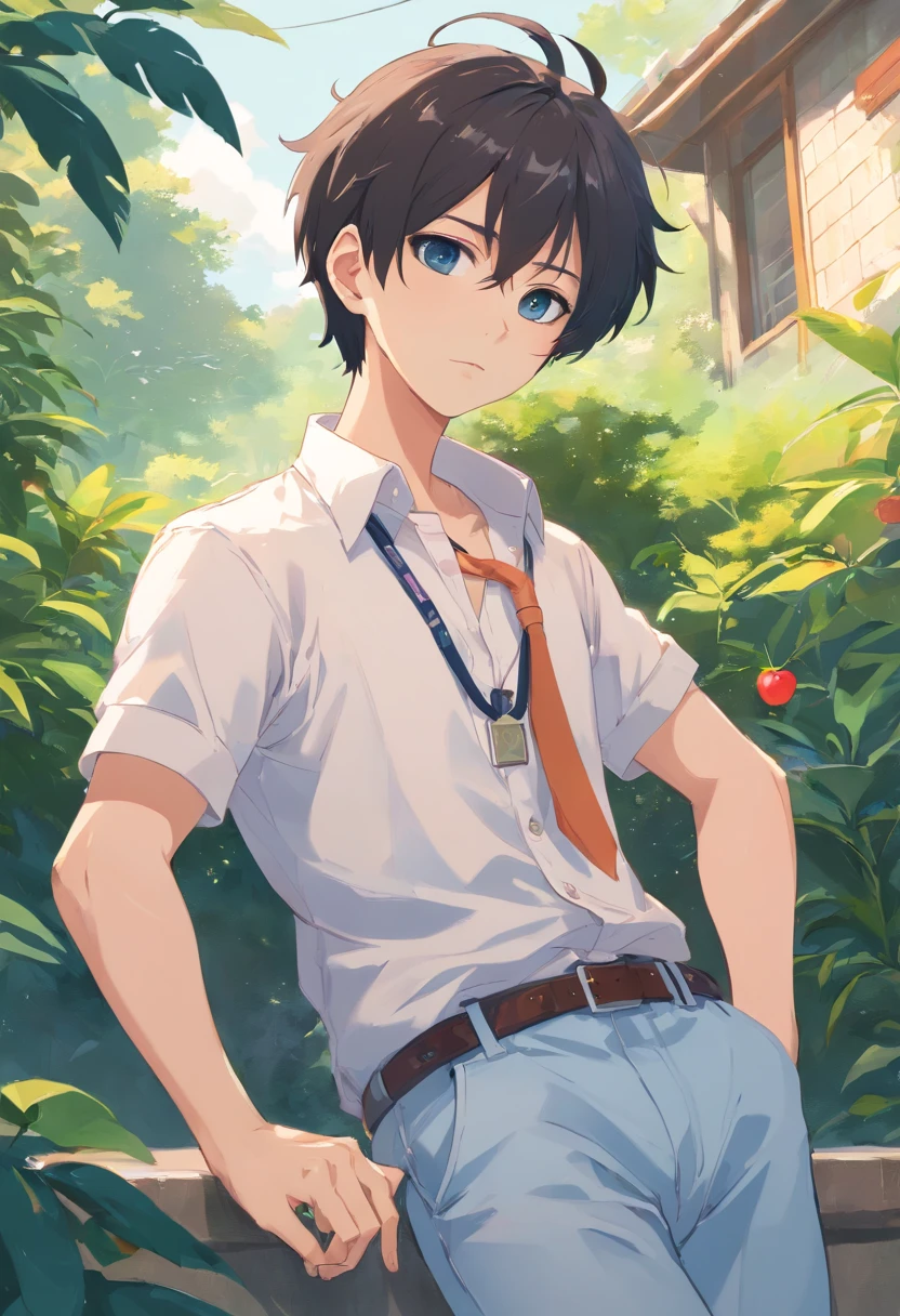 2boys, By bangs，berries，Black hair，The shirt，tiese，eBlue eyes，Hair between both eyes，jewely，leafs，looking at viewert，malefocus，choker necklace，trouser，The shirt，独奏，Wrist watch，White pants，Wrist watch，Messy hair, Trends on ArtStation, 8k解像度, The is very detailed, anatomically correcte, Sharp Images, digitial painting, concept-art, Popular trends on pixiv, Makoto Shinkai's style,