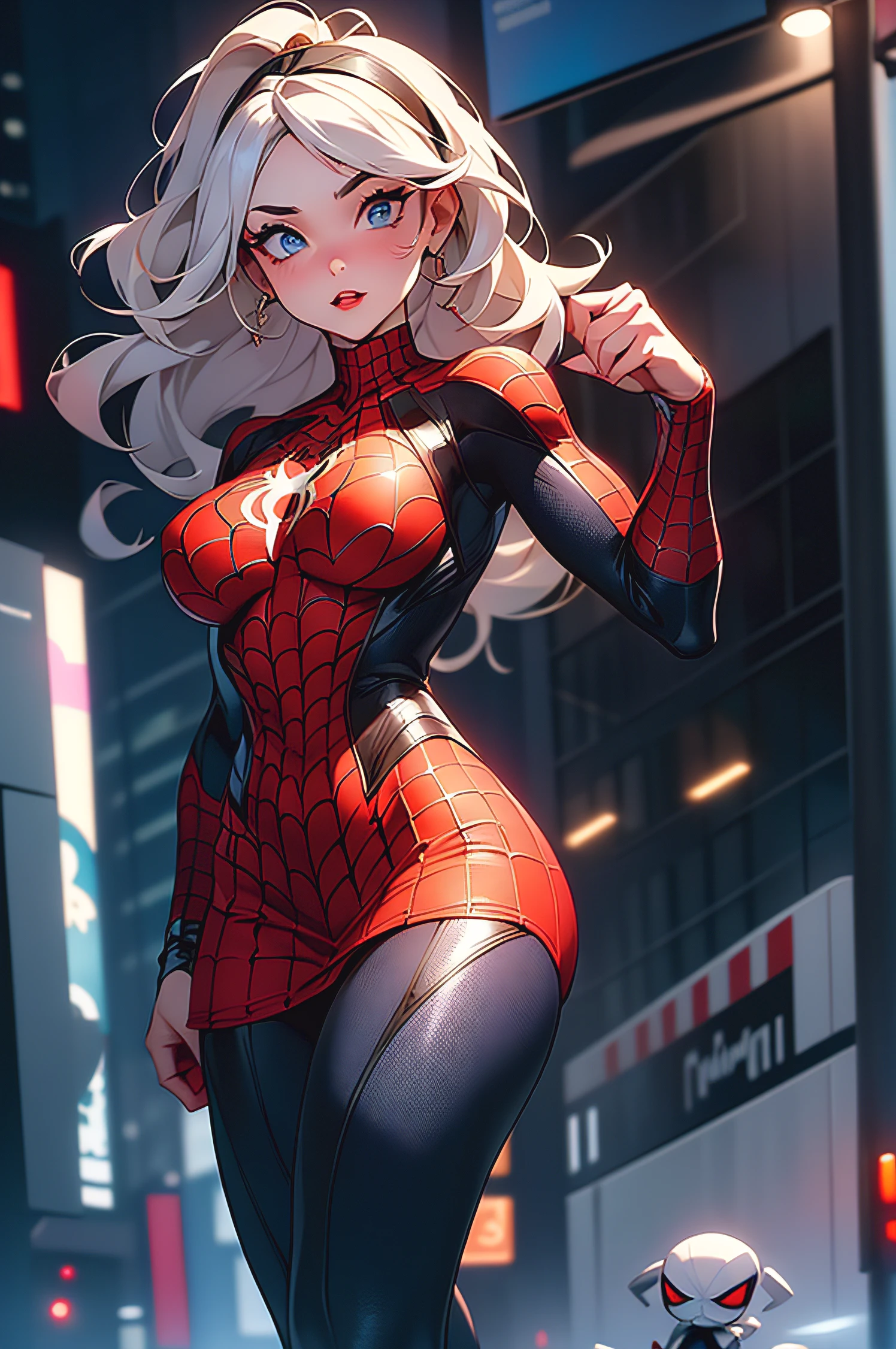 They are two women in red and white costumes talking on cell phones, thigh closeup, uhd candid photo of dirty, Insanely inflated hips, bottom body close up, juicy legs, Exposed thighs!!!, a miniskirt, two japanese schoolgirls posing, Bottom Angle, Miniskirt, large thighs, Exposed thighs, Round thighs, (​masterpiece、4K resolution、A hyper-realistic、ighly detailed)、(White Superhero Theme、Charisma、There's a girl in a Spider-Man costume over town、She's a superhero)、 [((25-years old)、(Long grey hair:1.2)、full body Esbian、(blue eyess:1.2)、((Spider-Man pose)、show of strength、Jump from one building to another)、((Sandy urban environment):0.8)|(A city scape、natta、Dinamic Light)、(fullmoon)]#illustrate:Prompts are mainly ultra high definition、very real、Describes highly detailed 4K paintings。A superheroine in a Spider-Man costume is depicted at the top of the city。The theme of the picture is white superhero theme、The female protagonist has long white hair and、At the age of 25、Her whole body is shown in the painting。In terms of depicting the actions of superheroines、Spiders are employed