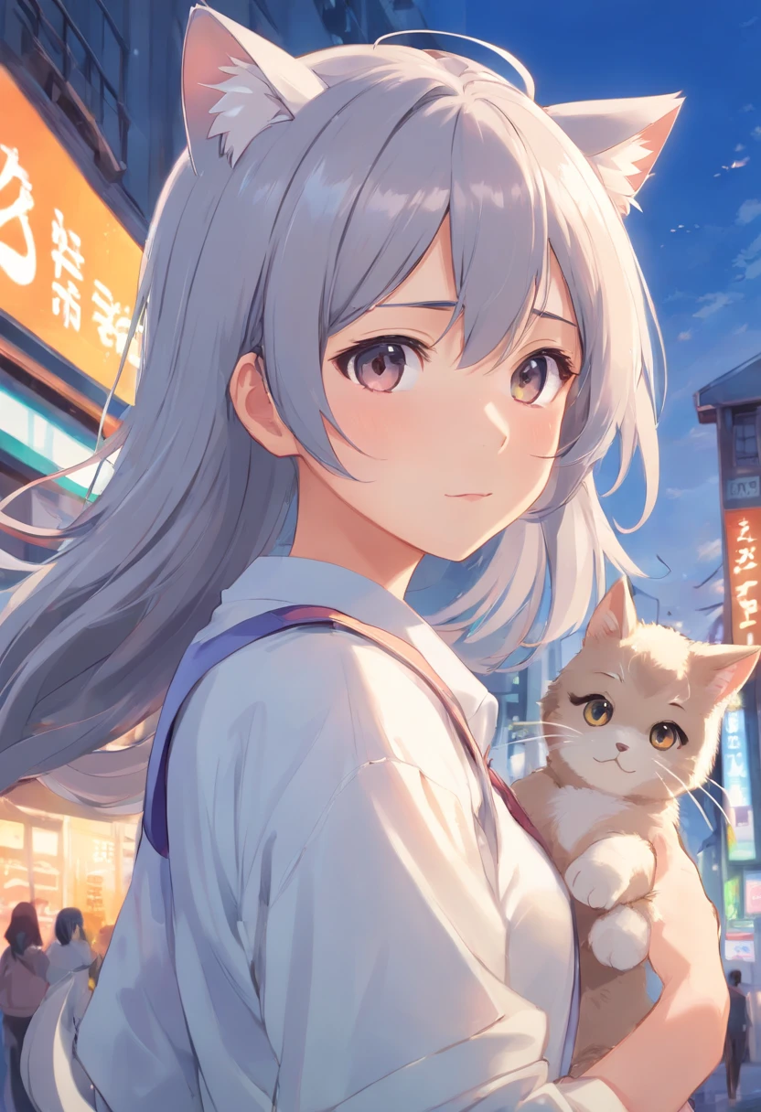 Anime girl with long gray hair and a white shirt with a cat on her head, cute anime face, Soft anime illustration, extremely cute anime girl face, small curvaceous loli, Cute anime girl, anime moe art style, cute anime girl portraits, Pixiv style, white haired Cangcang, Cute anime girl portrait, Best Rated on pixiv, cute kawaii girls, Guviz