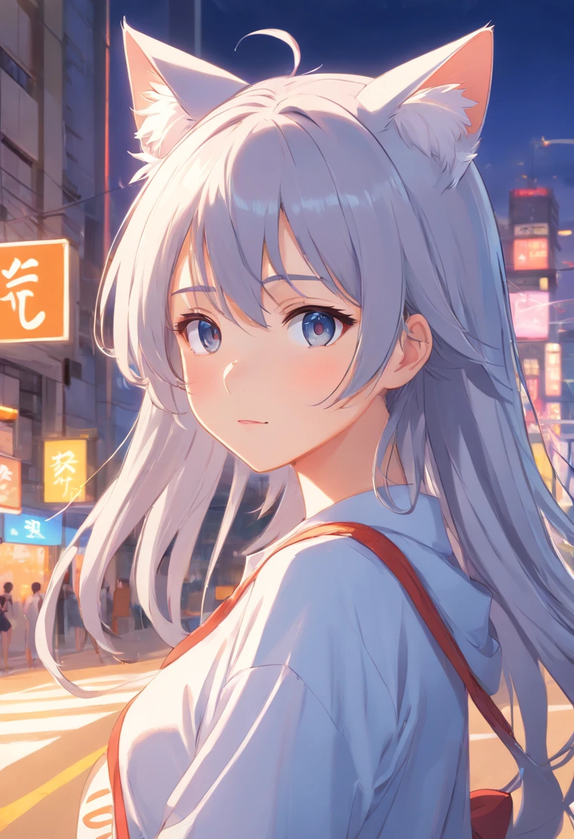 Anime girl with long gray hair and a white shirt with a cat on her head, cute anime face, Soft anime illustration, extremely cute anime girl face, small curvaceous loli, Cute anime girl, anime moe art style, cute anime girl portraits, Pixiv style, white haired Cangcang, Cute anime girl portrait, Best Rated on pixiv, cute kawaii girls, Guviz