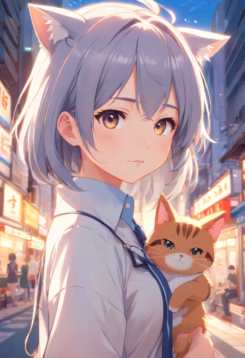 Anime girl with long gray hair and a white shirt with a cat on her head, cute anime face, Soft anime illustration, extremely cute anime girl face, small curvaceous , Cute anime girl, anime moe art style, cute anime girl portraits, Pixiv style, white haired Cangcang, Cute anime girl portrait, Best Rated on pixiv, cute kawaii girls, Guviz