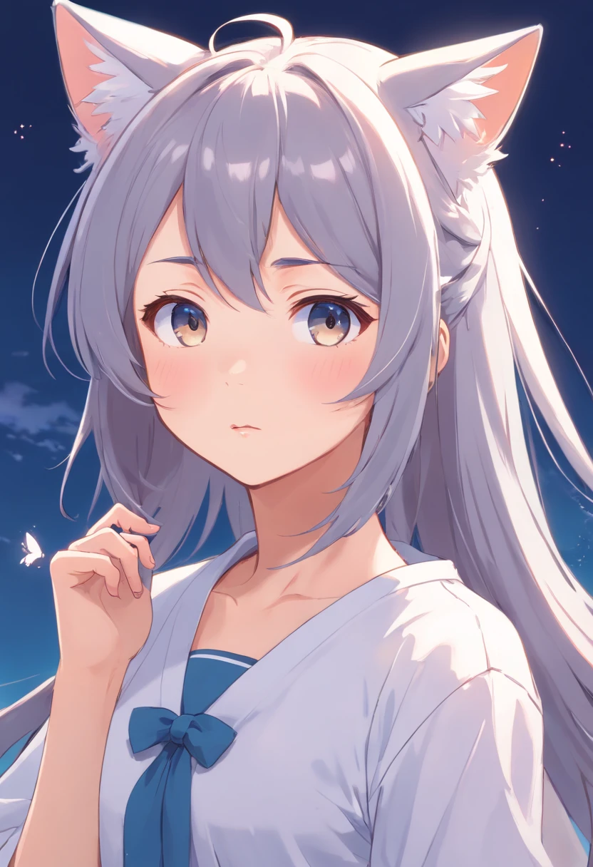Anime girl with long gray hair and a white shirt with a cat on her head, cute anime face, Soft anime illustration, extremely cute anime girl face, small curvaceous , Cute anime girl, anime moe art style, cute anime girl portraits, Pixiv style, white haired Cangcang, Cute anime girl portrait, Best Rated on pixiv, cute kawaii girls, Guviz
