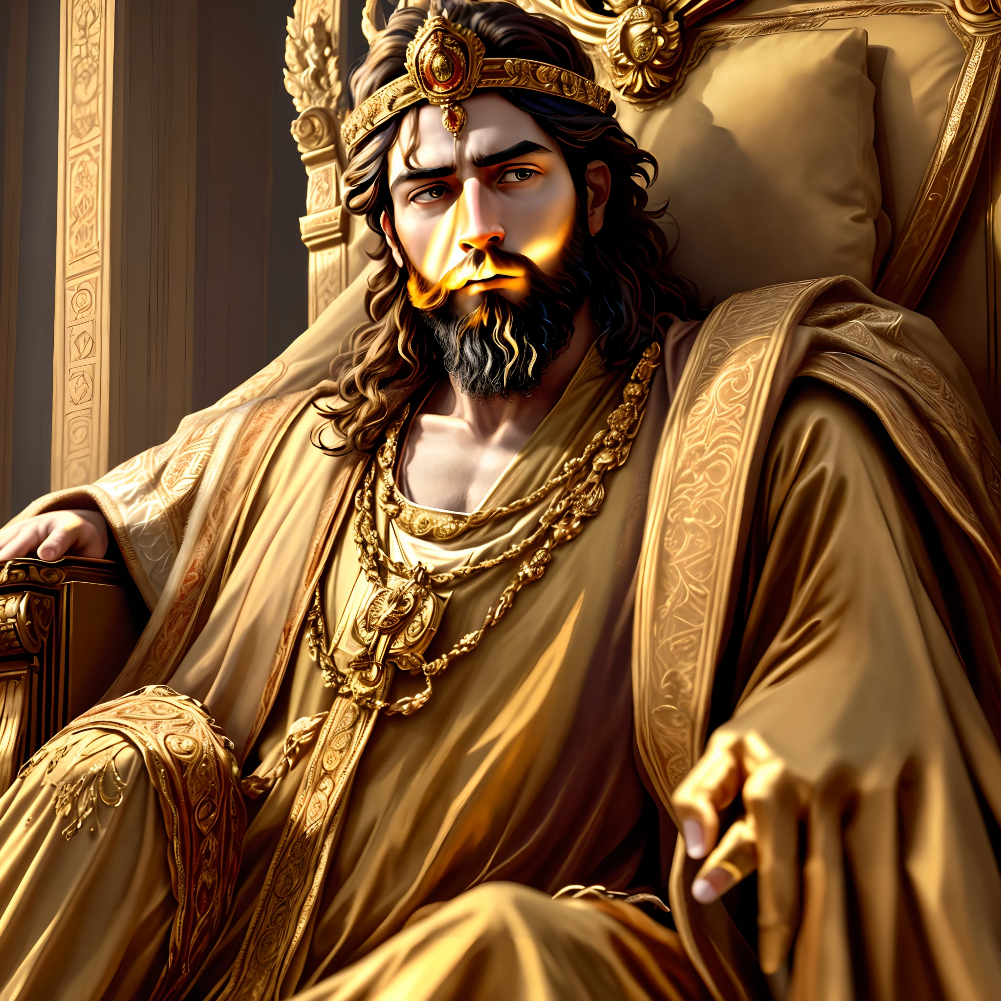 Marco Aurelio, the King of Rome, sitting on a golden throne, Persian carpet, subjects with baskets of fruits around the King, (best quality,4k,8k,highres,masterpiece:1.2), ultra-detailed, (realistic,photorealistic,photo-realistic:1.37), dignified expression, regal attire, majestic crown, intricate throne design, luxurious velvet cushion, magnificent palace backdrop, golden sunlight, vibrant colors, classical painting style