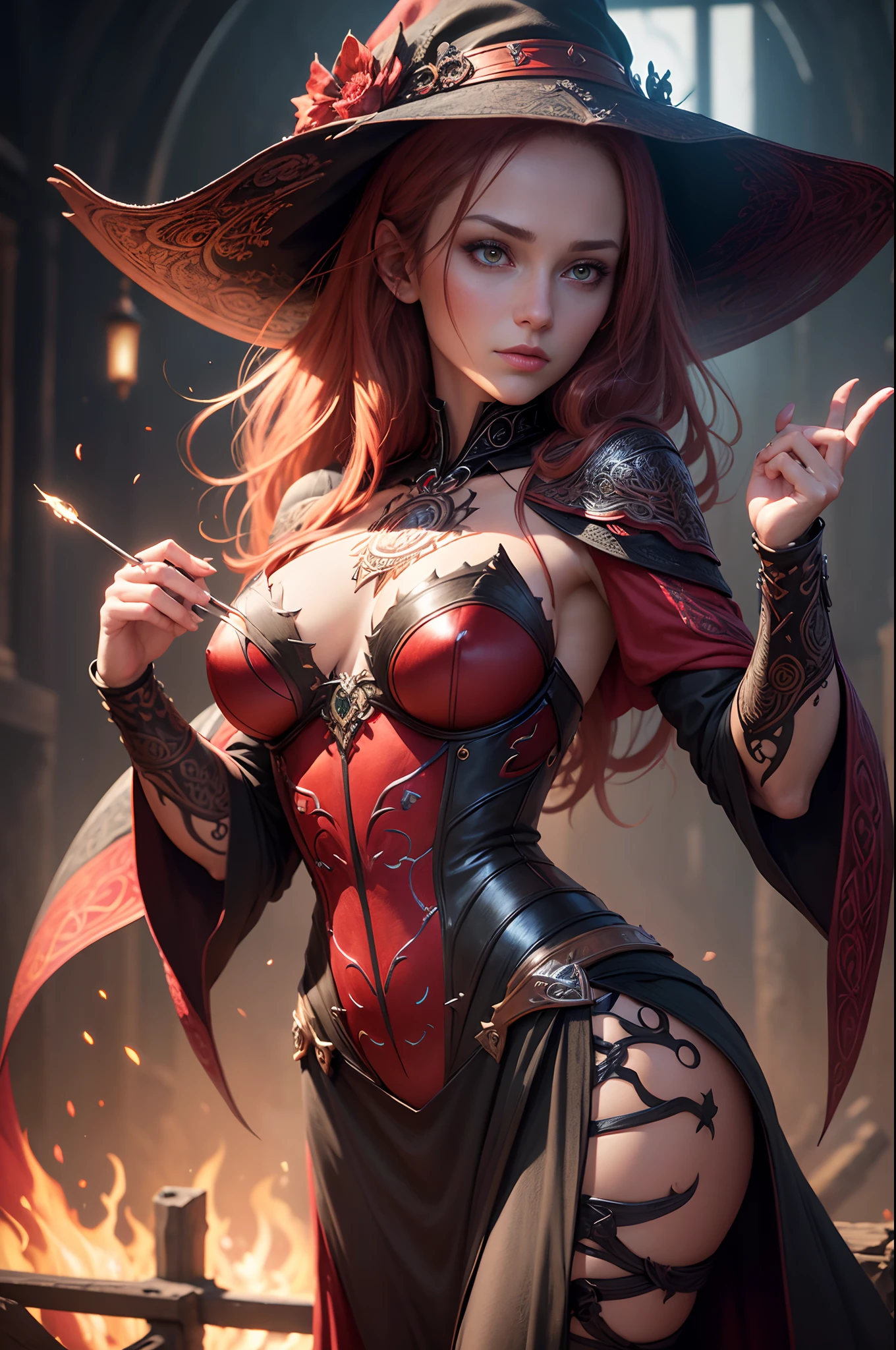 ((Best Quality)), ((masutepiece)), ((Realistic)), Celtic witch, Witch, artistic anatomic hands, Artistic anatomy, Glowing red eyes, Female face, , Trending on ArtStation, Sharp Focus, studio photo, Intricate details, Very detailed, Detailed eyes, Illustration, Very detailed, Sharp Focus, a digital rendering, Professional, 8K