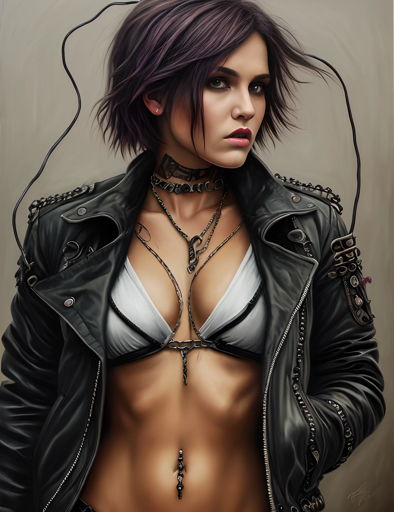 cute punk scull girl, mad max jacket, renaissance, cables on her body, hyper realistic style, oil painting, fantasy by Olga Fedorova