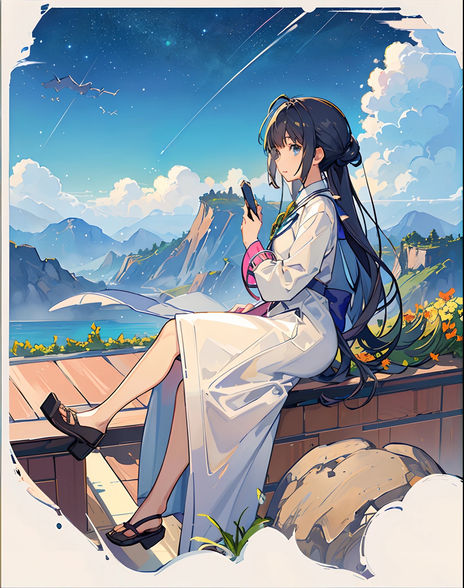 best quality, masterpiece, extremely detailed, detailed background, anime, 1girl, young girl, short girl, sci-fi, science fiction, outdoors, night, starry sky, greenhouse, megastructure, bio-dome, landscape, scenery, horizon, rooftop, sitting on rooftop, wind, looking away, atmospheric lighting, solo focus, close up, from side, depth of field, bokeh