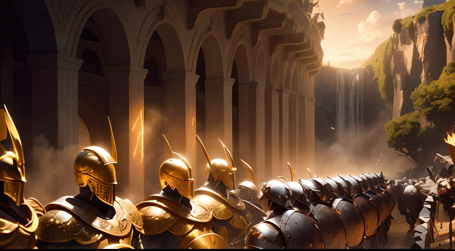 Superimposition chroma key(best quality,4k,8k,highres,masterpiece:1.2),ultra-detailed,(realistic,photorealistic,photo-realistic:1.37),300 Spartans, Leonidas, human wall, gleaming shields, gorge of Thermopylae, ancient battle, epic scene, intense atmosphere, bravery, determination, warrior spirit, historical, heroic, action-packed, battle formation, ancient warfare, classical art style, dynamic composition, golden sunset, dramatic lighting, powerful poses, muscular bodies, intricate armor details, valor, defense, outnumbered, battlefield, fierce resistance, perseverance, united front, war cries, historical accuracy, battle strategy, heroic sacrifice, war heroes, historical landmarks, unity, strength, immersive scene.