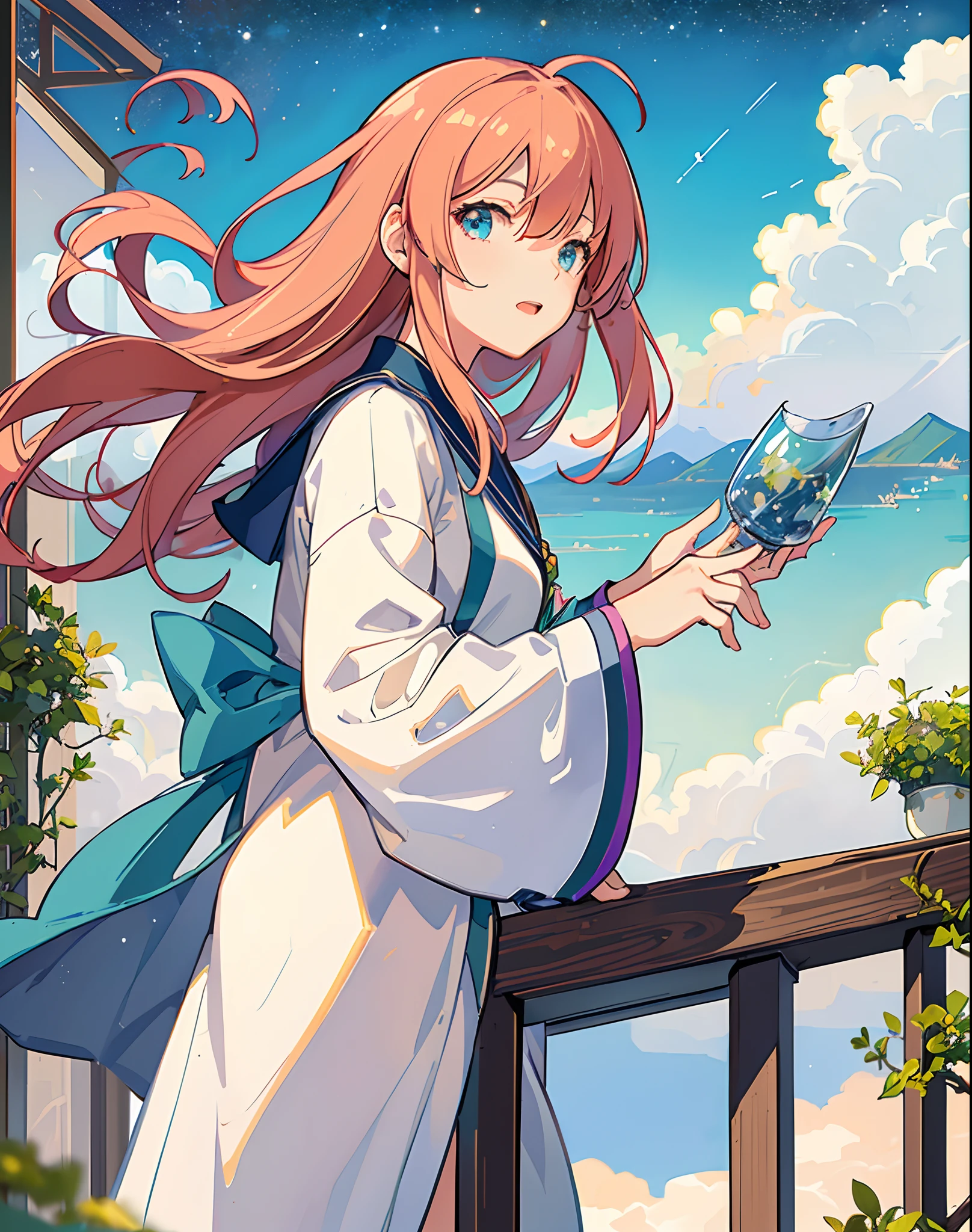 best quality, masterpiece, extremely detailed, detailed background, anime, 1girl, young girl, short girl, sci-fi, science fiction, outdoors, night, starry sky, greenhouse, megastructure, bio-dome, landscape, scenery, horizon, rooftop, sitting on rooftop, wind, looking away, atmospheric lighting, solo focus, close up, from side, depth of field, bokeh