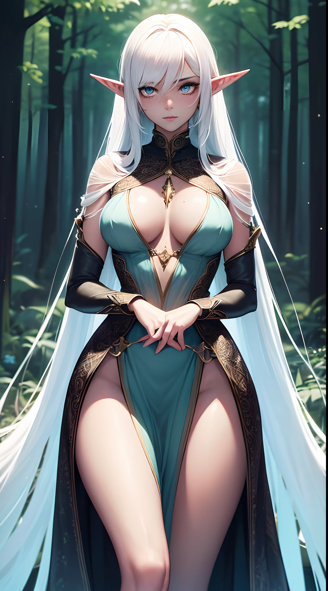 (Original) Woman with dark skin and elf-like features. (Revised) Dark Woman, Smooth skin and ethereal, Elf-like features. (Best Quality,4K,8K,hight resolution,masutepiece:1.2),Ultra-detailed,Realistic:1.37,Vivid colors,Gentle lighting,An enchanted forest,Flowing gown,intensegaze,Pointed ears,faint freckles,Delicate features,Long flowing hair,Slender figure,Luminous Eyes,elegant posture,Magical atmosphere