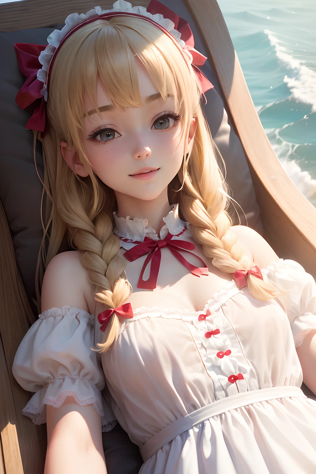 ( absurdly , High quality , ultra-detailliert ),Summer at noon、(((Piece of art))),(((on the coast))),(()),Woman with long blonde twin tails、(((lying back))),maid dress、with a red ribbon on the head,,,,,,,、3D anime girl rendering,A smile,(())),(((Angle from top))),a closeup