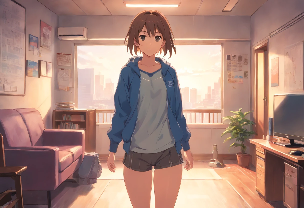 1girl, brown light hair, ojos azules, Mirando al espectador, bragas grises, Sujetador deportivo gris, Chaqueta morada de pista abierta, Standing in your room, fondo blanco, bragas, piernas, sin pantalones, pelo largo, solo, sujetador, de frente, midriff, ombligo