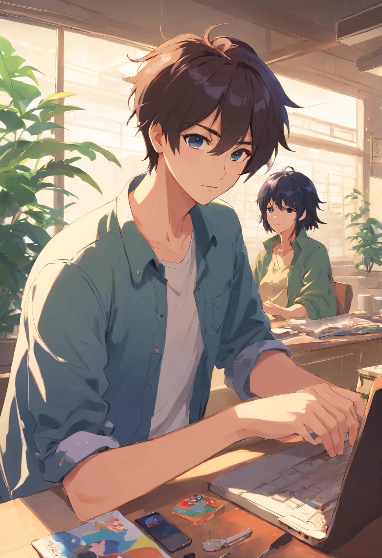 2boys, By bangs，berries，Black hair，The shirt，tiese，eBlue eyes，Hair between both eyes，jewely，leafs，looking at viewert，malefocus，choker necklace，trouser，The shirt，独奏，Wrist watch，White pants，Wrist watch，Messy hair, Trends on ArtStation, 8K分辨率, The is very detailed, anatomically correcte, Sharp Images, digitial painting, concept-art, Popular trends on pixiv, Makoto Shinkai's style,