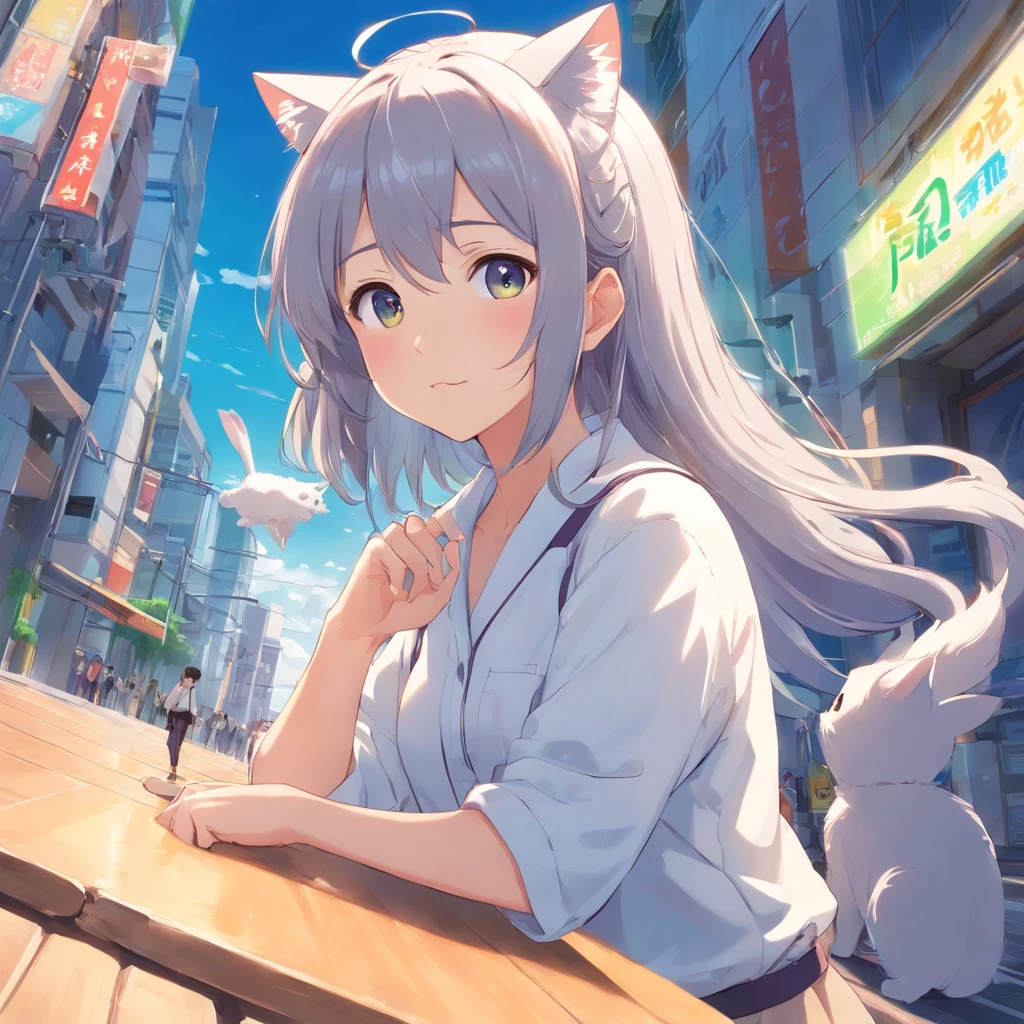 Anime girl with long gray hair and a white shirt with a cat on her head, cute anime face, Soft anime illustration, extremely cute anime girl face, small curvaceous , Cute anime girl, Anime moe art style, cute anime girl portraits, Pixiv style, white haired Cangcang, Cute anime girl portrait, Best Rated on pixiv, cute kawaii girls, Guviz
