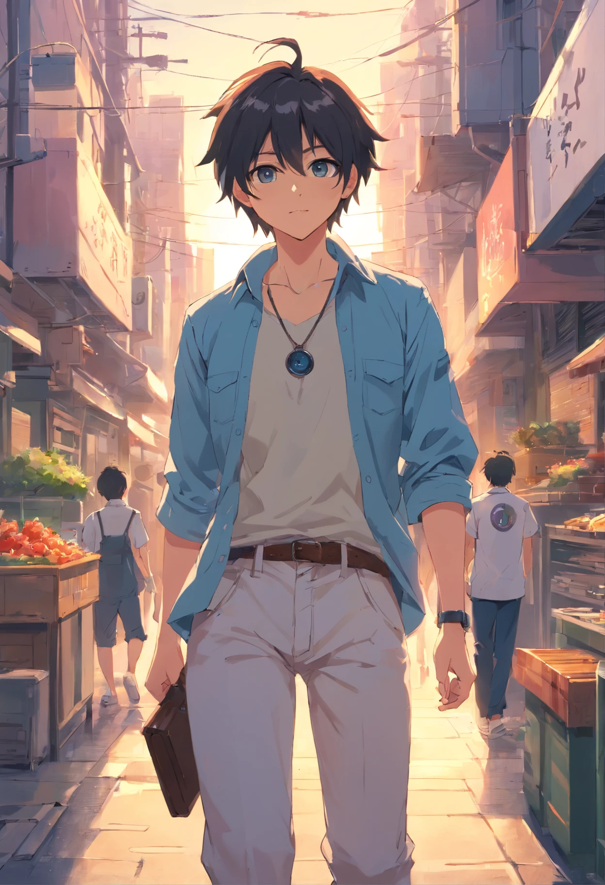 2boys, By bangs,berries,Black hair,The shirt,tiese,eBlue eyes,Hair between both eyes,jewely,leafs,looking at viewert,malefocus,choker necklace,trouser,The shirt,独奏,Wrist watch,White pants,Wrist watch,Messy hair, Trends on ArtStation, 8K分辨率, The is very detailed, anatomically correcte, Sharp Images, digitial painting, concept-art, Popular trends on pixiv, Makoto Shinkai's style,