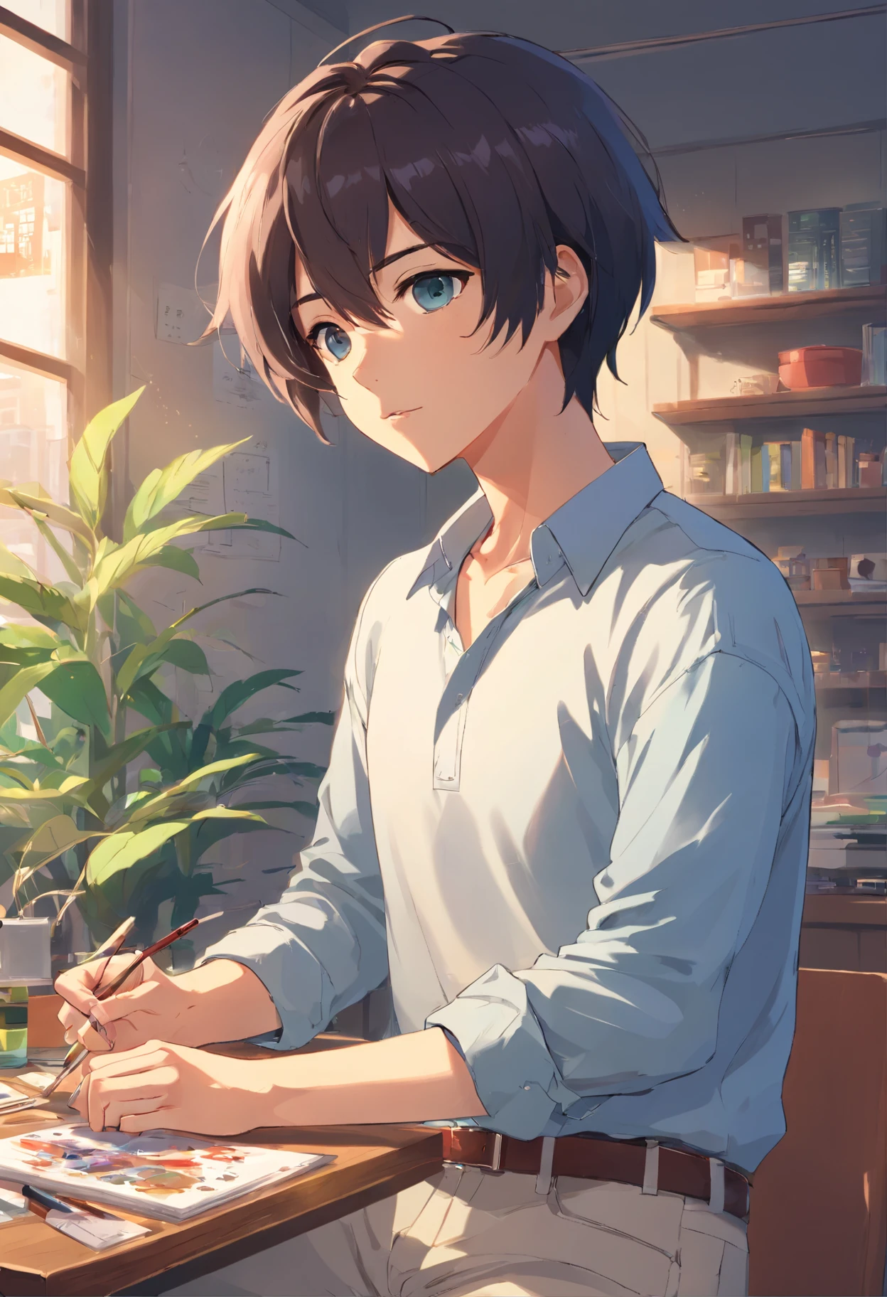 2boys, By bangs，berries，Black hair，The shirt，tiese，eBlue eyes，Hair between both eyes，jewely，leafs，looking at viewert，malefocus，choker necklace，trouser，The shirt，独奏，Wrist watch，White pants，Wrist watch，Messy hair, Trends on ArtStation, 8K分辨率, The is very detailed, anatomically correcte, Sharp Images, digitial painting, concept-art, Popular trends on pixiv, Makoto Shinkai's style,