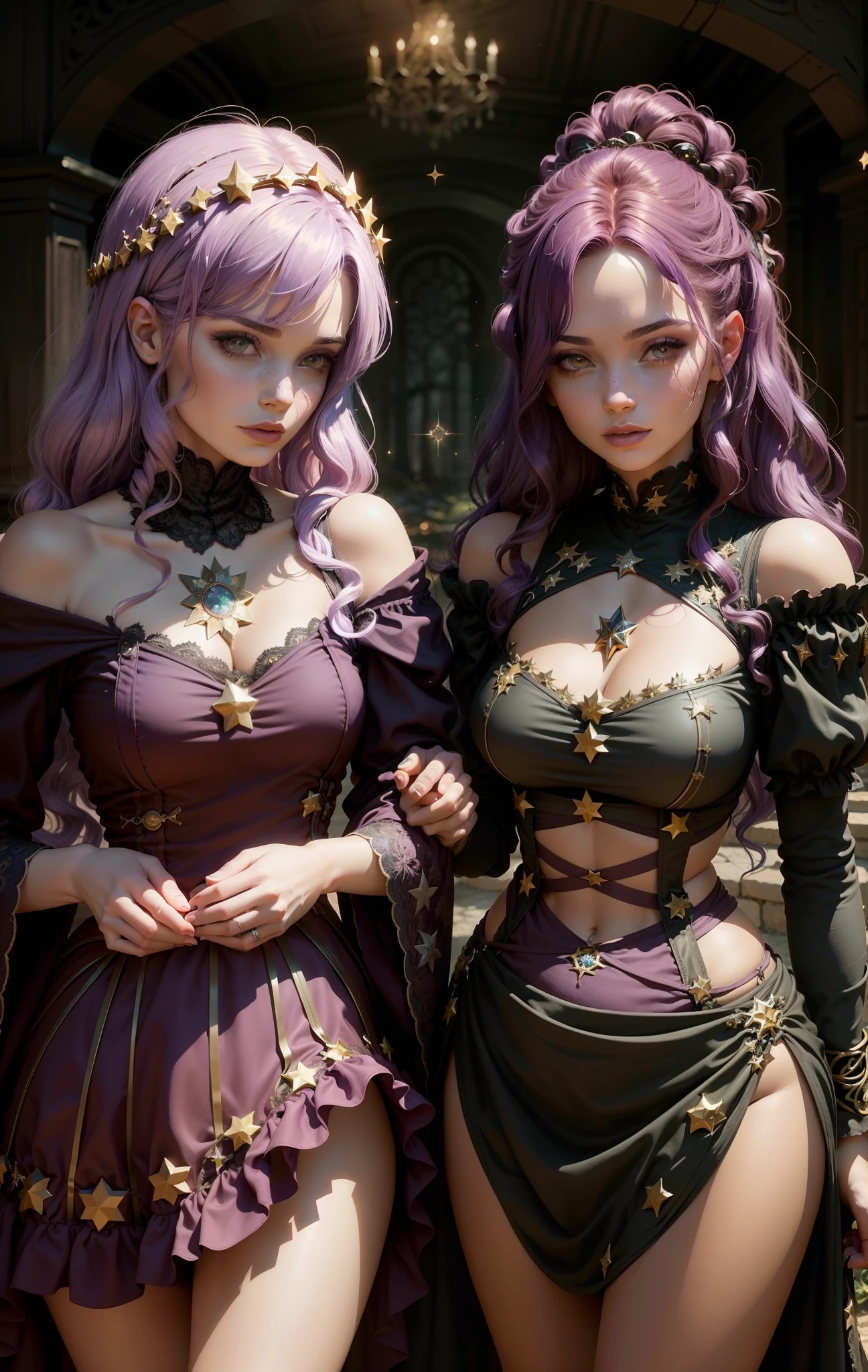 2 mulheres com a magia dourada, The background of the image is dark and starry and full of patches of light with sparks of fire, 2 mulheres de tons de cabelo diferente assim como os olhos, 1 melher tem cabelos verdes/verdes, cabelos verdes, magical aura, the other melher has lilac hair