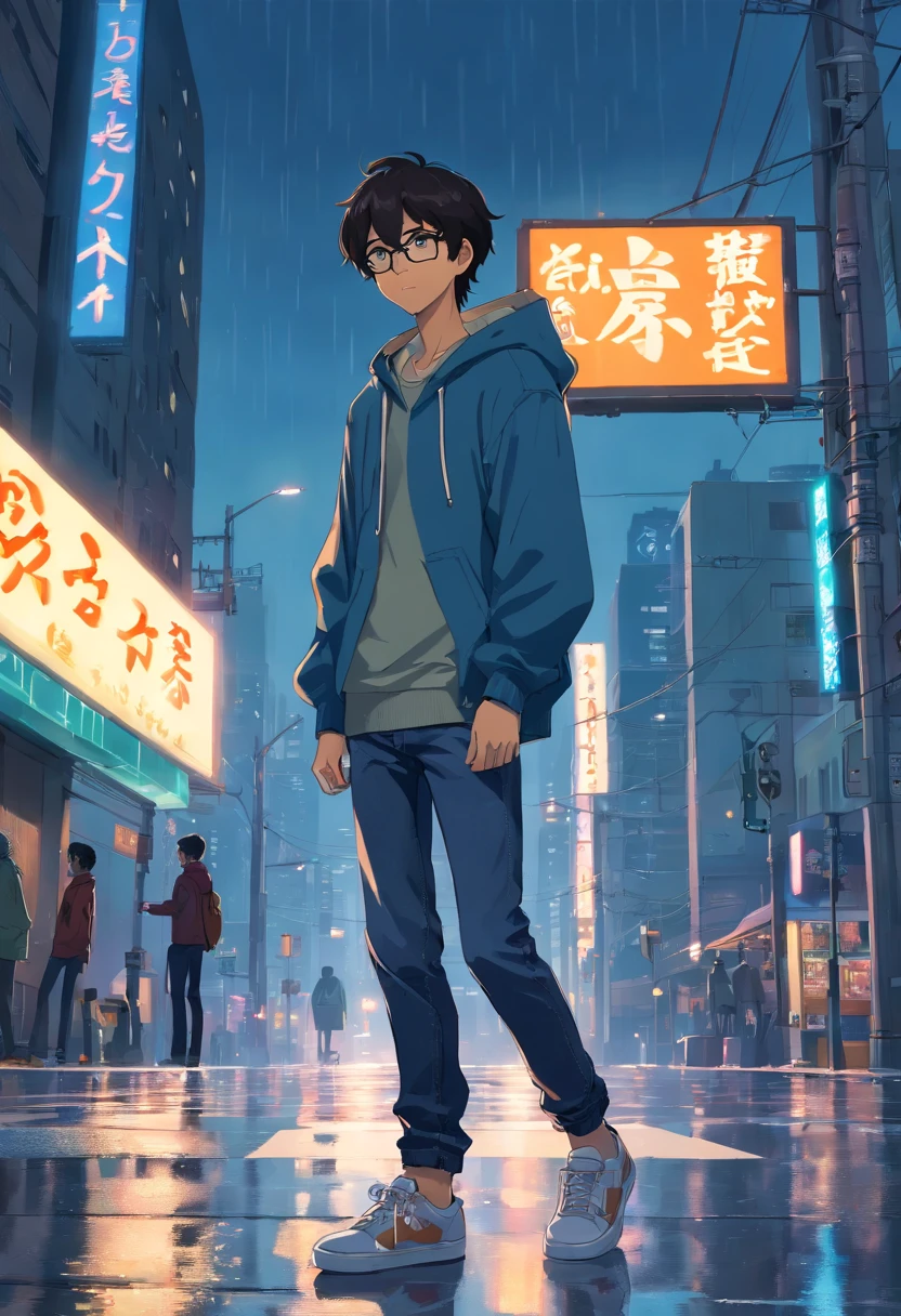 1guy, tan complexion, short black hair, brown eyes, wearing clear glasses, wearing denim jeans, black sneakers, grey hoodie, waiting at crosswalk, night time, ground wet from rain, Detroit city in background, absurdres, high res, ultra sharp, 8k, masterpiece