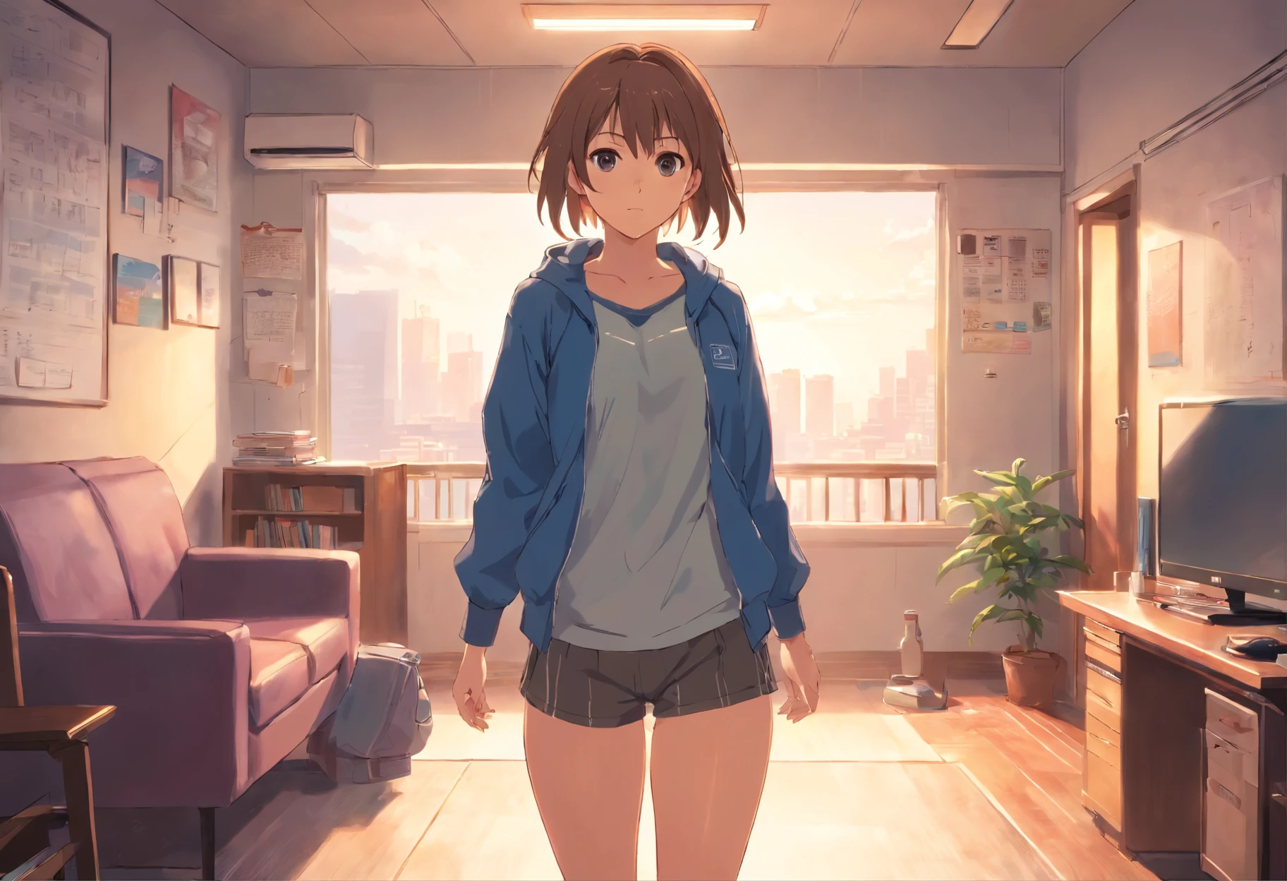 1girl, brown light hair, ojos azules, Mirando al espectador, bragas grises, Sujetador deportivo gris, Chaqueta morada de pista abierta, Standing in your room, fondo blanco, bragas, piernas, sin pantalones, pelo largo, solo, sujetador, de frente, midriff, ombligo