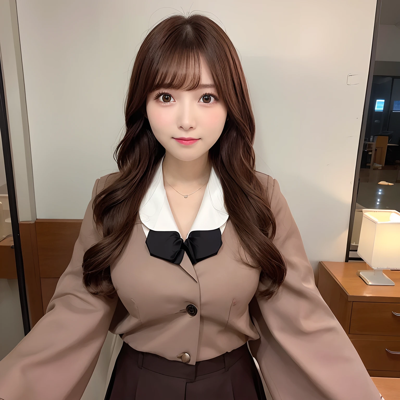 Bright thin brown hair。Japan High School Girl。Shorthair。Very cute。huge tit。You can see the cleavage from the uniform。Echiechi。