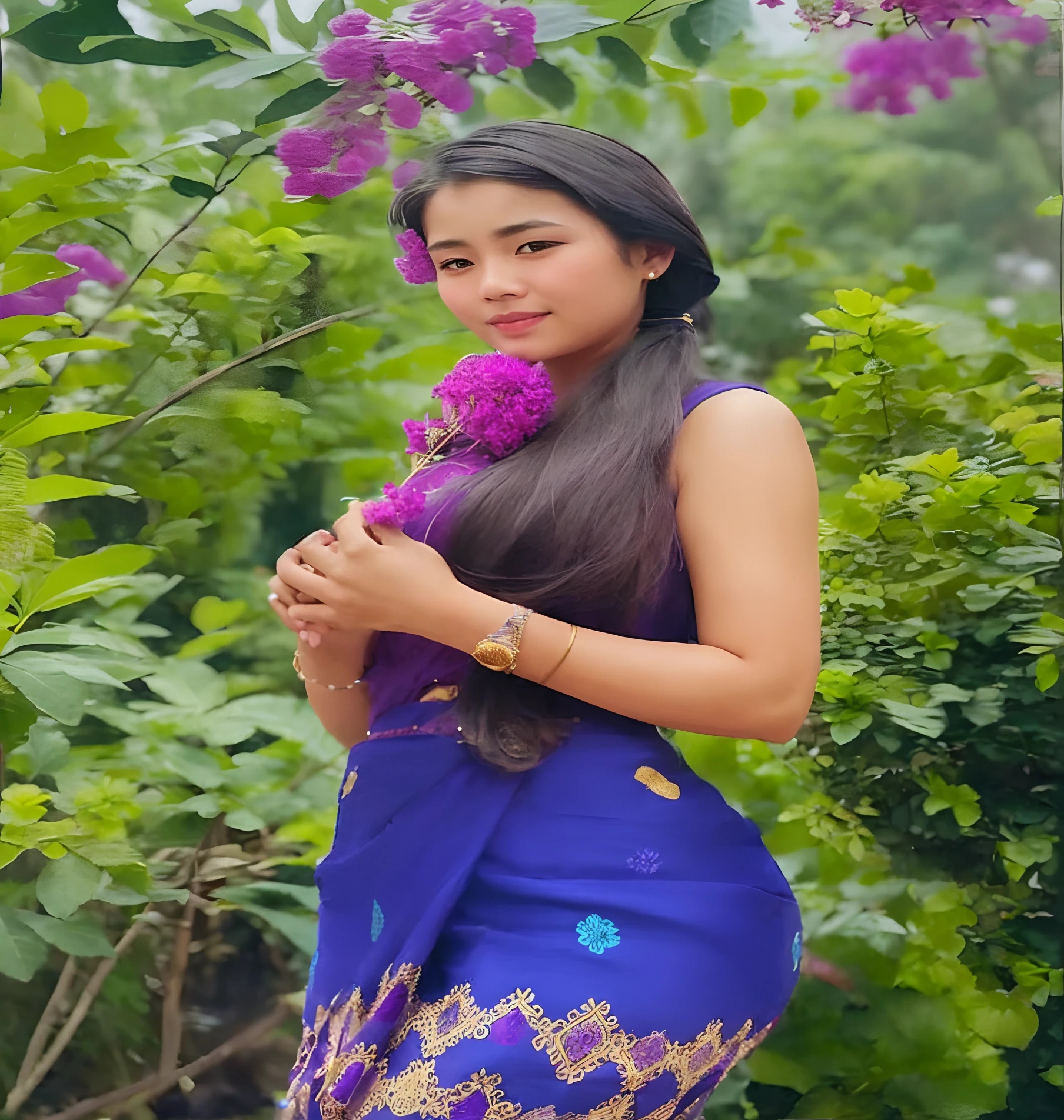 a close up of a woman in a blue dress holding a purple flower, traditional beauty, nivanh chanthara, with flowers, south east asian with long, with lovely look, in style of lam manh, assamese aesthetic, very beautiful girl, beautiful young himalayan woman, blue colored traditional wear, a young asian woman, beautiful himalayan woman