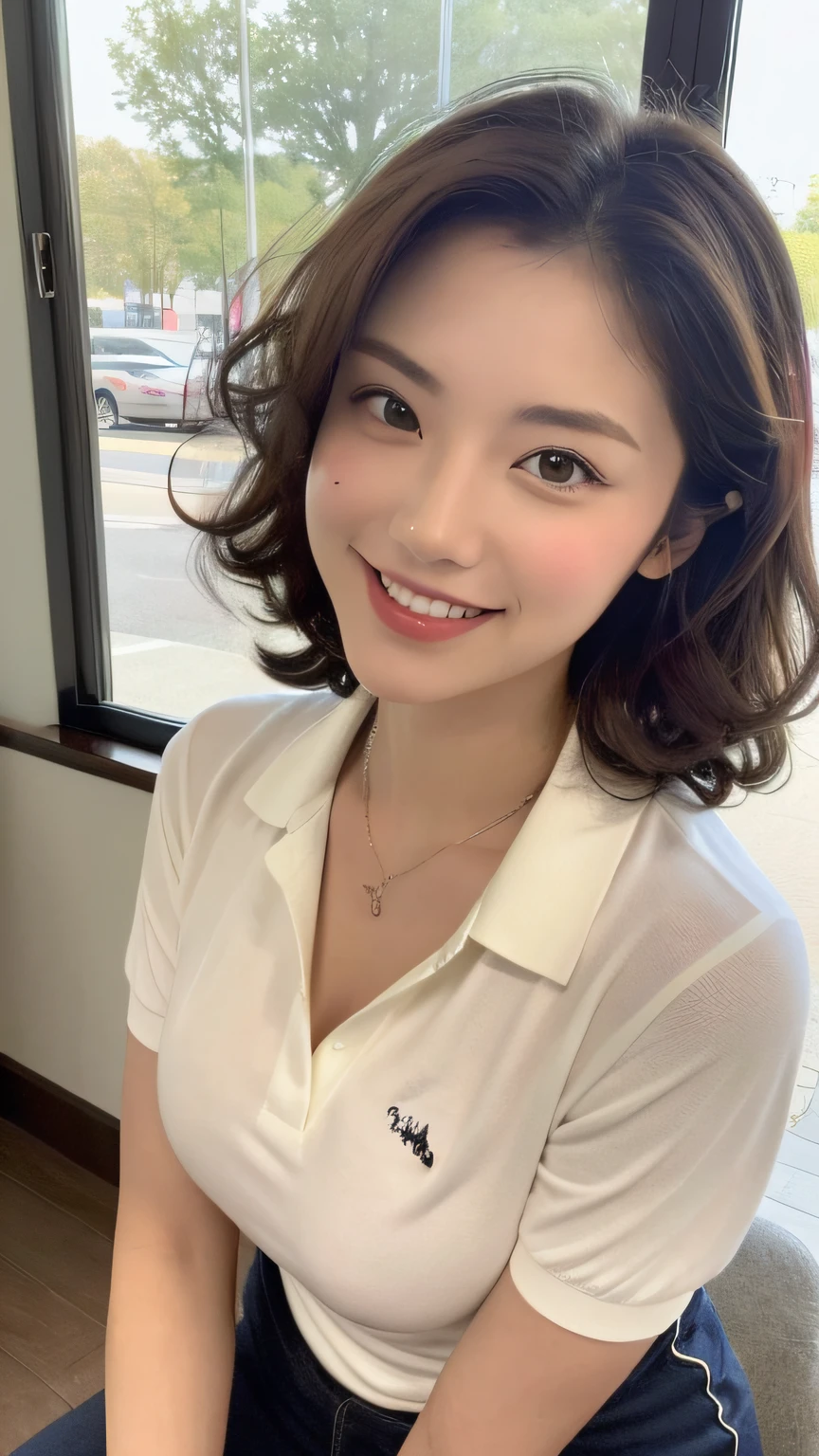 ((best qualtiy, 8K, tmasterpiece:1.3)), Focus:1.2, perfect figure beautiful woman:1.4, Cocked buttocks:1.2, ((Small curls)),(Long white legs:1.3) ,(Aviator sunglasses:1.2),(Polo shirt:1.2) , (inside in room: 1.2), Highly detailed facial and skin texture, A detailed eye, 二重まぶた,Whiten skin,(Straight big breasts:1.3),ssmile,Wear a necklace,gyuru