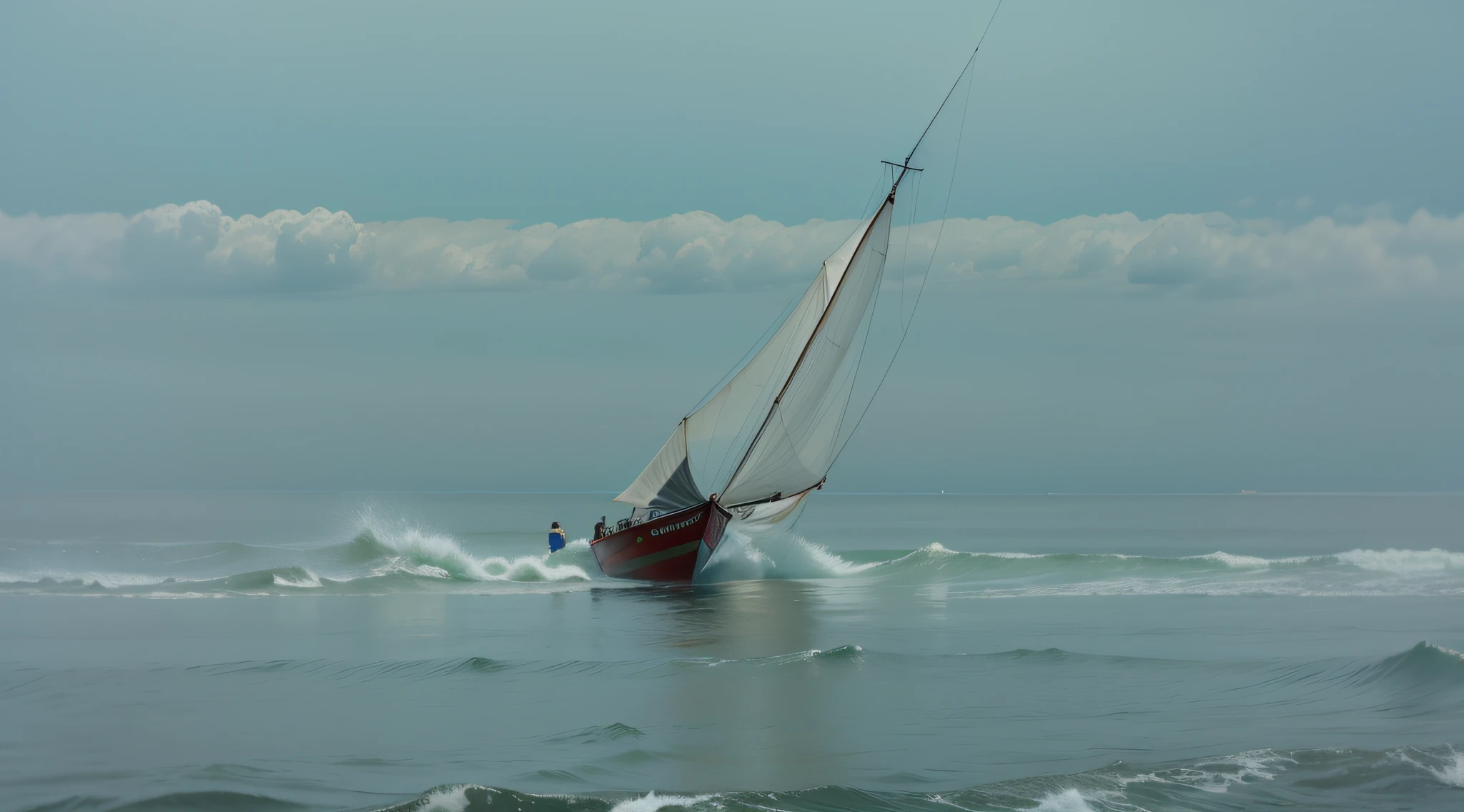 crie uma imagem de um homem , figura maculina em cima de um barco pescando em volta outros pescadores, em meio a tempestade com raios e trovoes