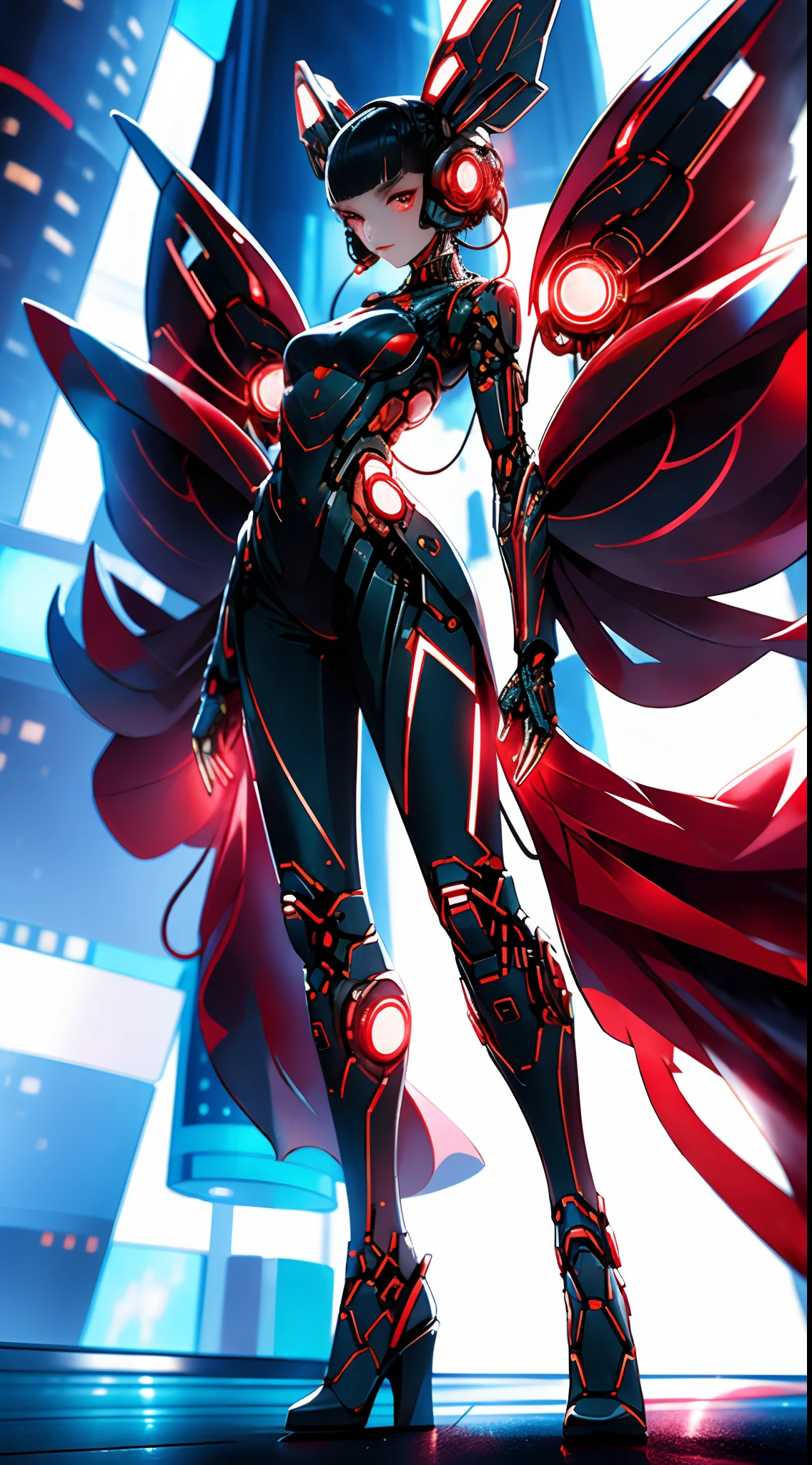 1 rapariga,Extremely tall and slender body, 独奏,(Full body shot from head to toe) ,Cyberhanfu, longer sleeves, chinese_clothes, In red and black, Cyberpunk-city, dynamicposes, head gear, hair adornments,Extra-long hair,Mechanical large wings, cyber punk perssonage, a high-tech city, full of machinery and futuristic element, afofuturism, technologies