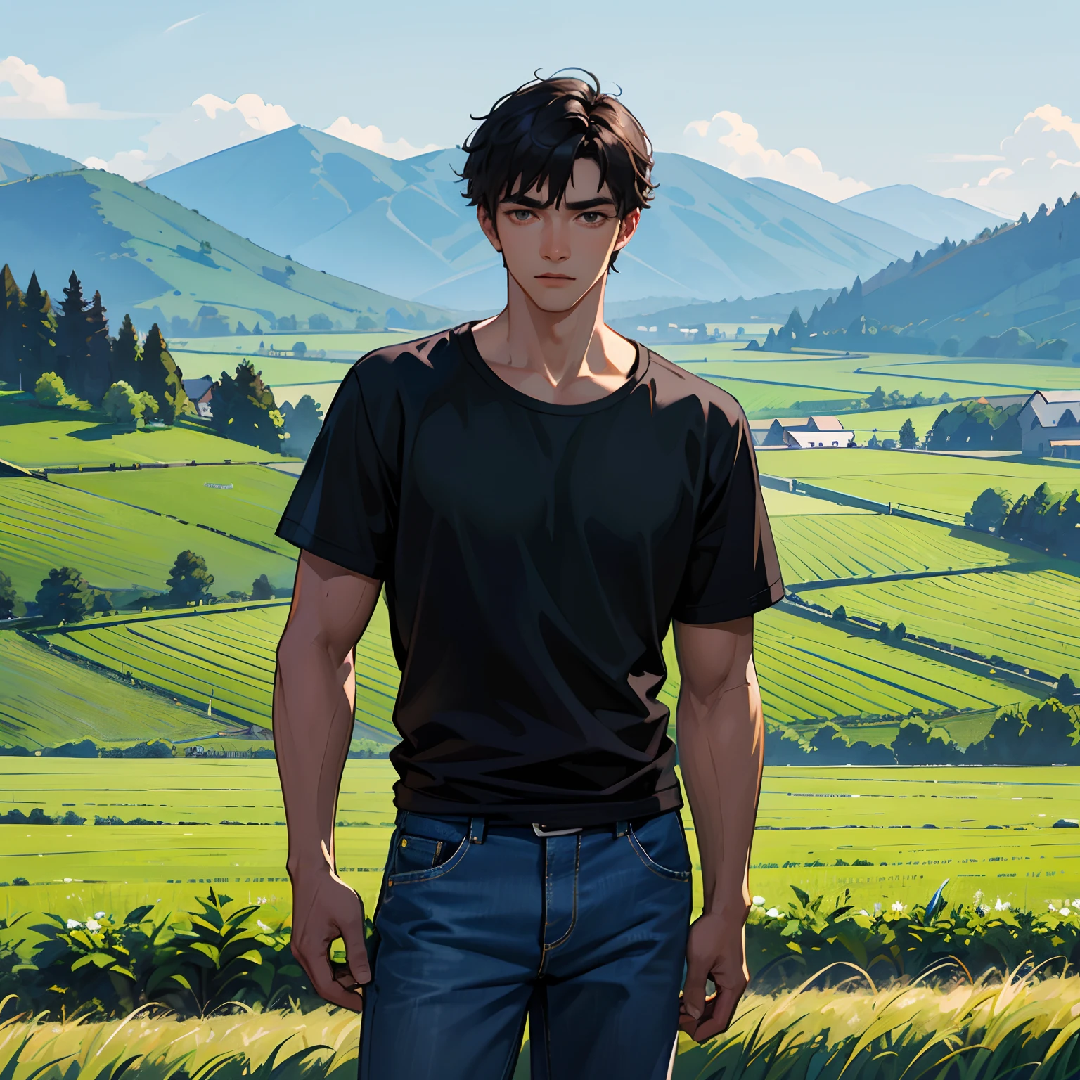 a adult man、The identity is that of a farmer、a dark tanned skin、Wearing a black T-shirt、denim pant、with short black hair、Tall and strong、Handsome and handsome、Farmland in the background、Frontal photo