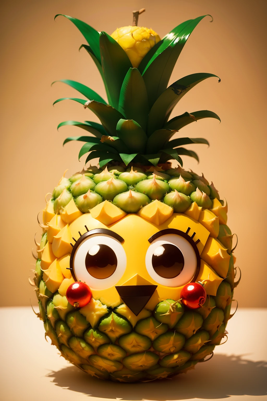 Make a pineapple cartoon character with ornaments with other fruits on his head