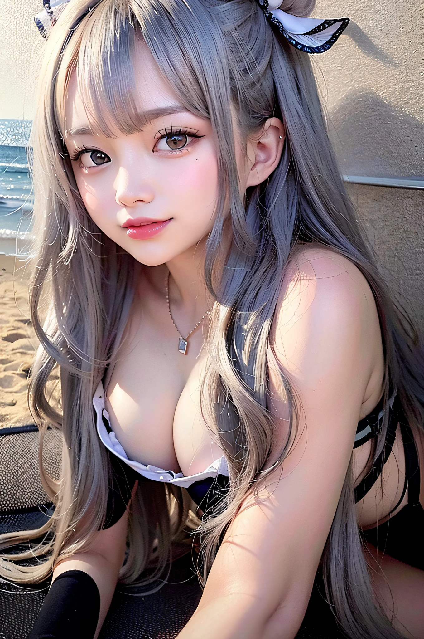 NSFW image、(surrealistic), (illustratio), (hight resolution), (8k picture), (ighly detailed), (The best illustrations), (beatiful detailed eyes), (top-quality), (ultra-detailliert), (masterpiece), (wall-paper), (详细的脸), 独奏, 1girl in, Wavy Gray Hair、huge smile、fullnude、sea side、Blushing cheeks、bangss、Colossal tits、Constriction of the lower back、skinny thigh、small ass、Beautiful bangs、Look at your audience、a necklace、耳Nipple Ring、Watching from above、Lie down on the sand