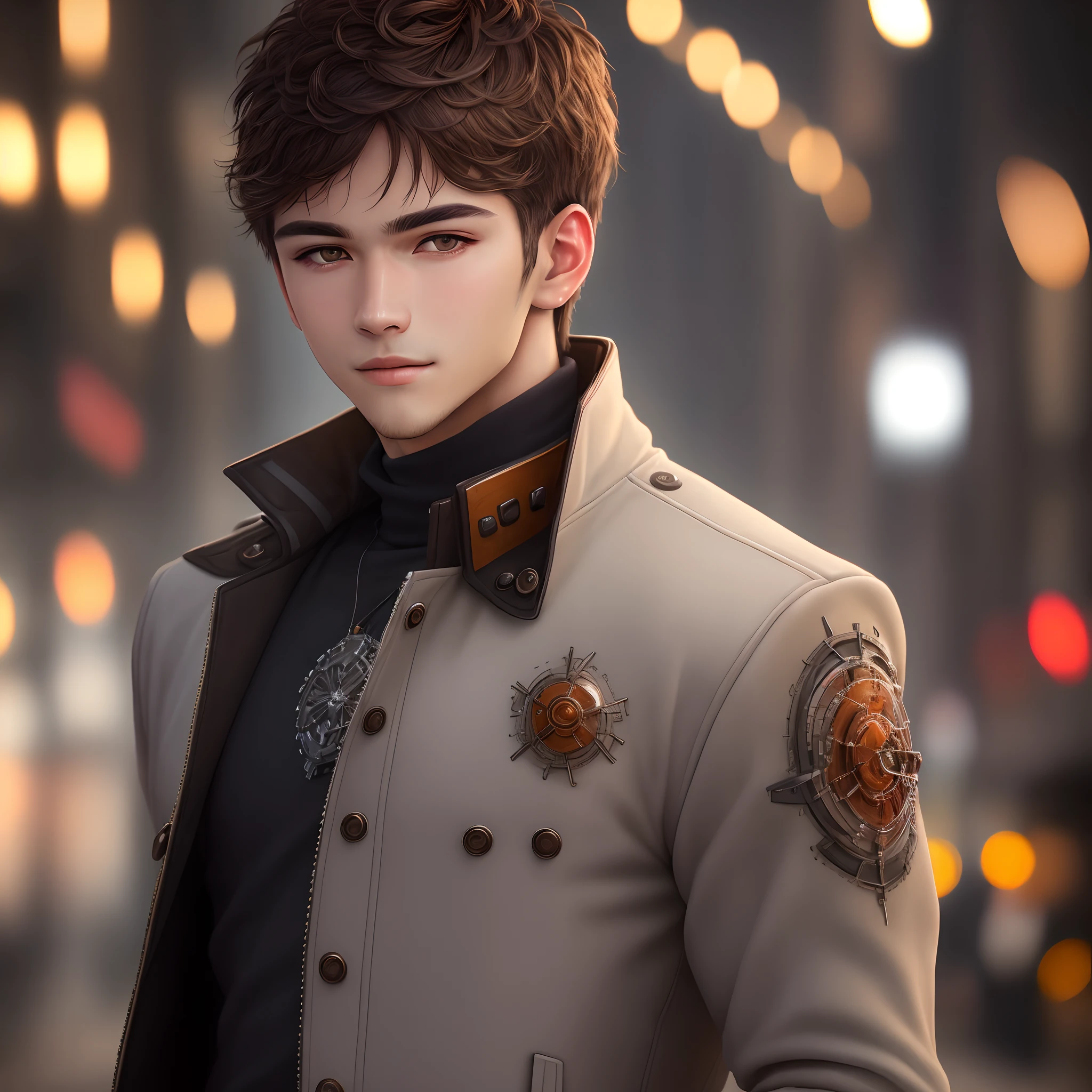 Portrait photo of a handsome male full body photo, perfect eyes, wearing a shabby mecha coat, ((light bokeh)), intricate, (steel metal [rust]), elegant, sharp focus, soft lighting, bright colors, masterpiece, (street)), detailed realistic face, close-up of the face