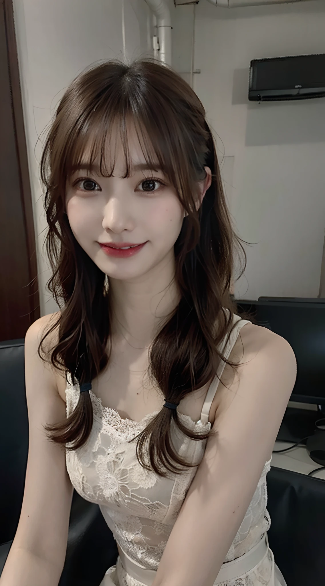 (masterpiece:1.3), (8K, Photorealsitic, Raw photography, Top image quality: 1.4), Japan high school girls、(Random hairstyles:1.2)、cleavage of the breast、(small tits:1.3)、Super Detail Face、Eye of Detail、二重まぶた、foco nítido:1.2、prety woman:1.4、light brown hair、top-quality、masterpiece、超A high resolution、(Photorealsitic:1.4)、very detailed and professional lighting、She wears a white fluffy shawl、Shoulder out、slender、A smile、(no brassiere)、Spread your hands to the sides、Rabbit eared headband、Muffled clothes