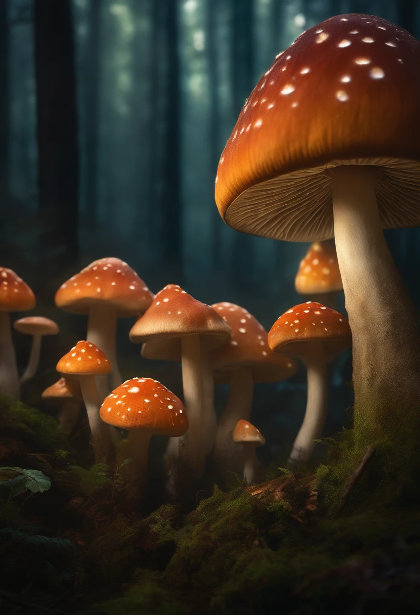 A mystical mushroom forest shrouded in a haze of magic
There are many different giant mushrooms with lights. The forest is full of light and sparks from mushrooms