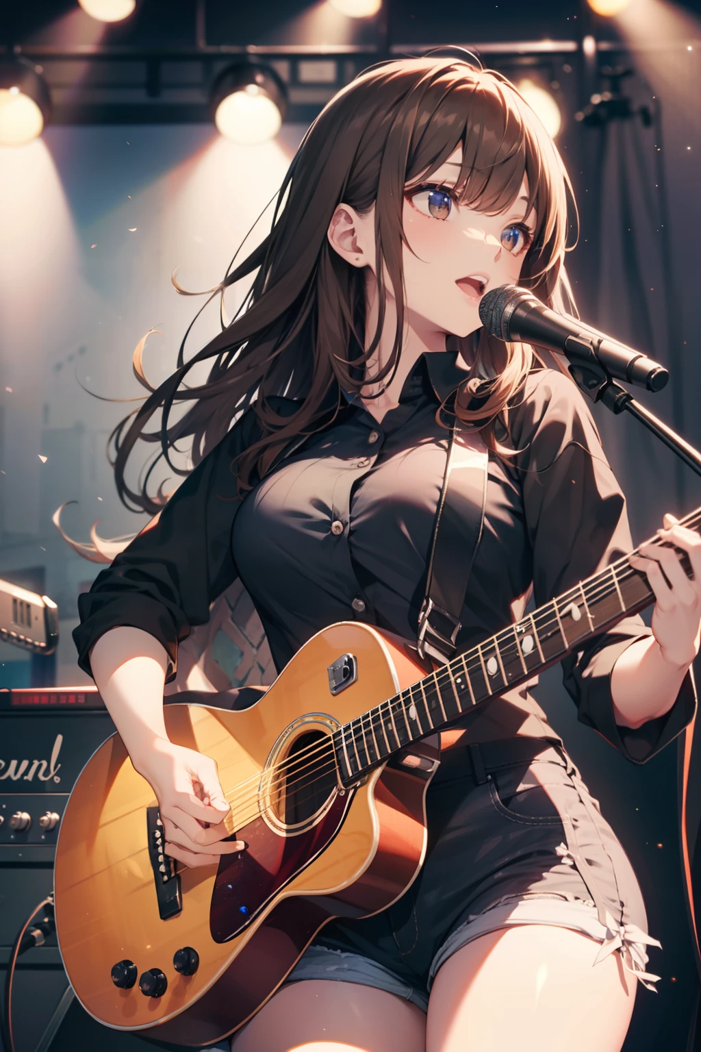 top-quality、Full limbs、complete fingers、Slender beauty、straight haired、Brown hair、Black collared shirt、Black shorts、Black High Socks、Beautiful Large Breasts、Live Stage、Singing、Pull the guitar、Yellow Heart Guitar、Knock
