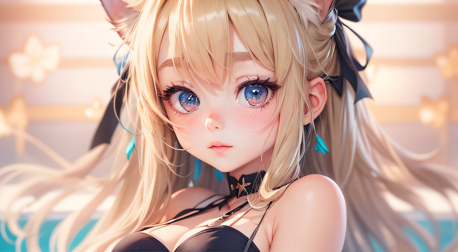 blonde anime girl with long hair, In an anime style, Anime Moe Artstyle, anime style portrait, Cute anime girl, an anime girl, cute natural anime face, beautiful anime high school girl, extremely cute anime girl face, attractive anime girls, Cat's ears, bow ribbon, Anime, Art deco, Best Quality, hight resolution, summer, full body pose, black bikini, modeled, cinematic lighting, reflection light, dithering, high details, Textured skin, HD, UHD, best quality, HD, award winning