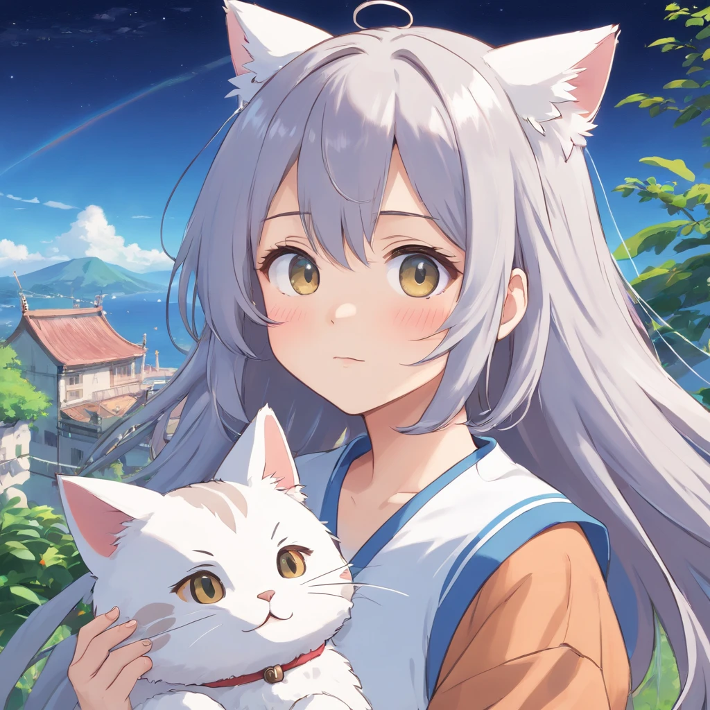 Anime girl with long gray hair and a white shirt with a cat on her head, cute anime face, Soft anime illustration, extremely cute anime girl face, small curvaceous loli, Cute anime girl, Anime moe art style, cute anime girl portraits, Pixiv style, white haired Cangcang, Cute anime girl portrait, Best Rated on pixiv, cute kawaii girls, Guviz