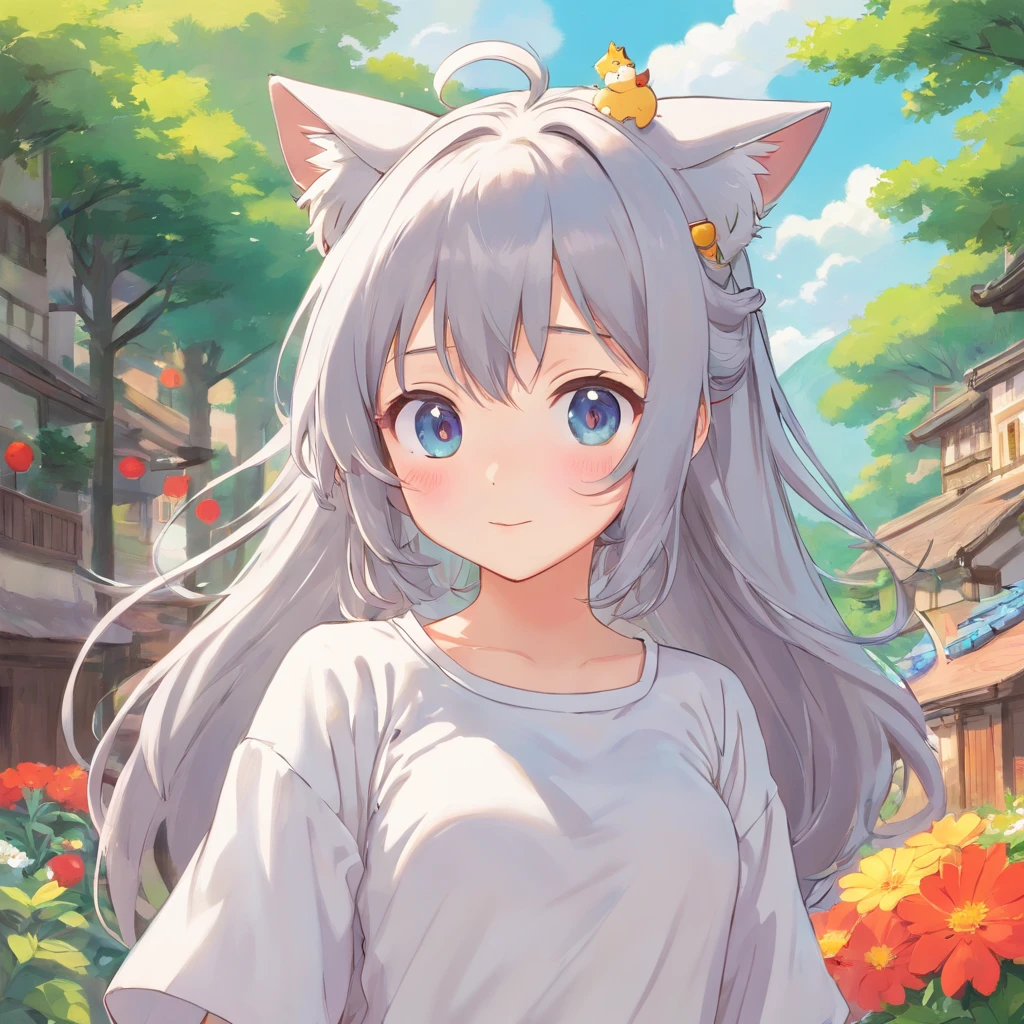 Anime girl with long gray hair and a white shirt with a cat on her head, cute anime face, Soft anime illustration, extremely cute anime girl face, small curvaceous loli, Cute anime girl, Anime moe art style, cute anime girl portraits, Pixiv style, white haired Cangcang, Cute anime girl portrait, Best Rated on pixiv, cute kawaii girls, Guviz